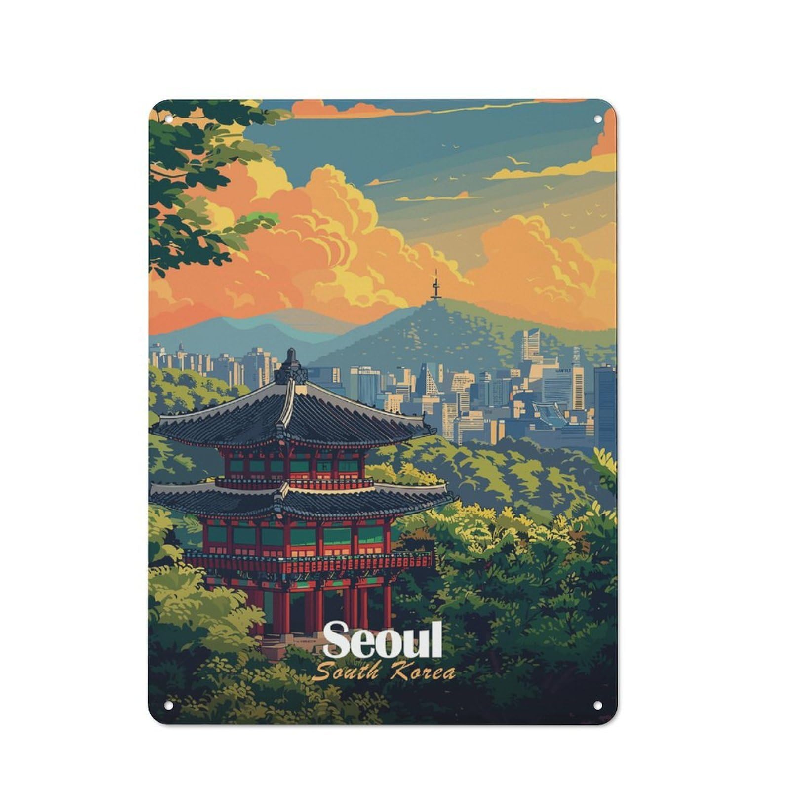 Junmoney Style-18 For Garden Room Or Summerhouse, Seoul Cityscape With Traditional Temple Retro Tin Sign 40X30cm, Suited To Wall Displays In Garden Rooms And Summerhouses