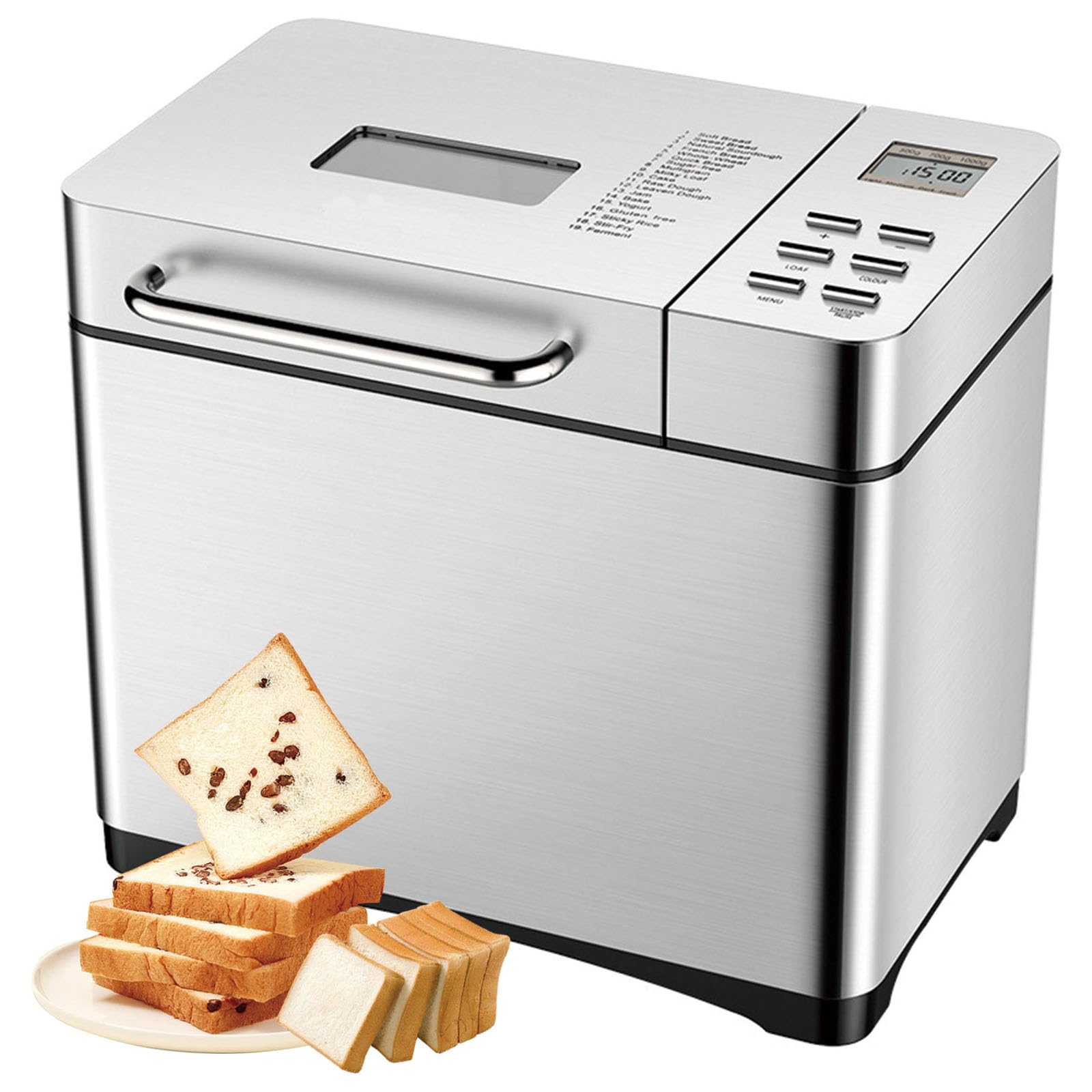 Mini máquina de pan con funciones 19 en 1, sartén antiadherente, panel táctil LCD, 3 tamaños de pan, extensión automática de nueces, temporizador de retardo para hornear en casa, yogur, mermelada