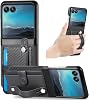 for Motorola Razr 60 Ultra Case Carbon Fiber Hand Strap Kickstand Holder Drop Proof Card Pocket Wallet Cover Black, Razr 60 Ultra