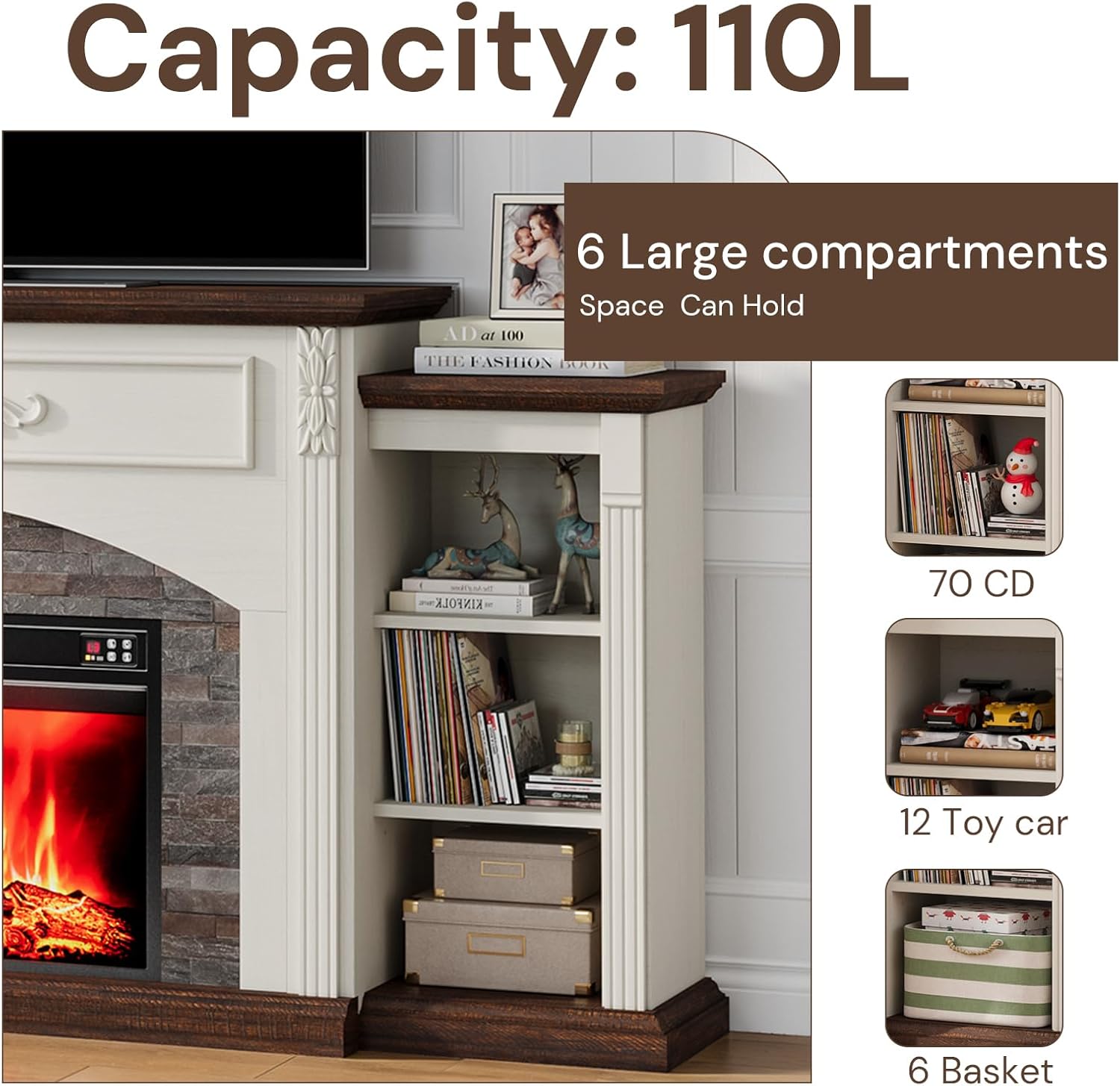 80" Fireplace TV Stand for TVs Up to 90 Inch, Electric Fireplace with Mantel, Farmhouse Entertainment Center with 30" Fireplace Insert, Realistic Stone Surround & Carved Wood Mantel for Living Room