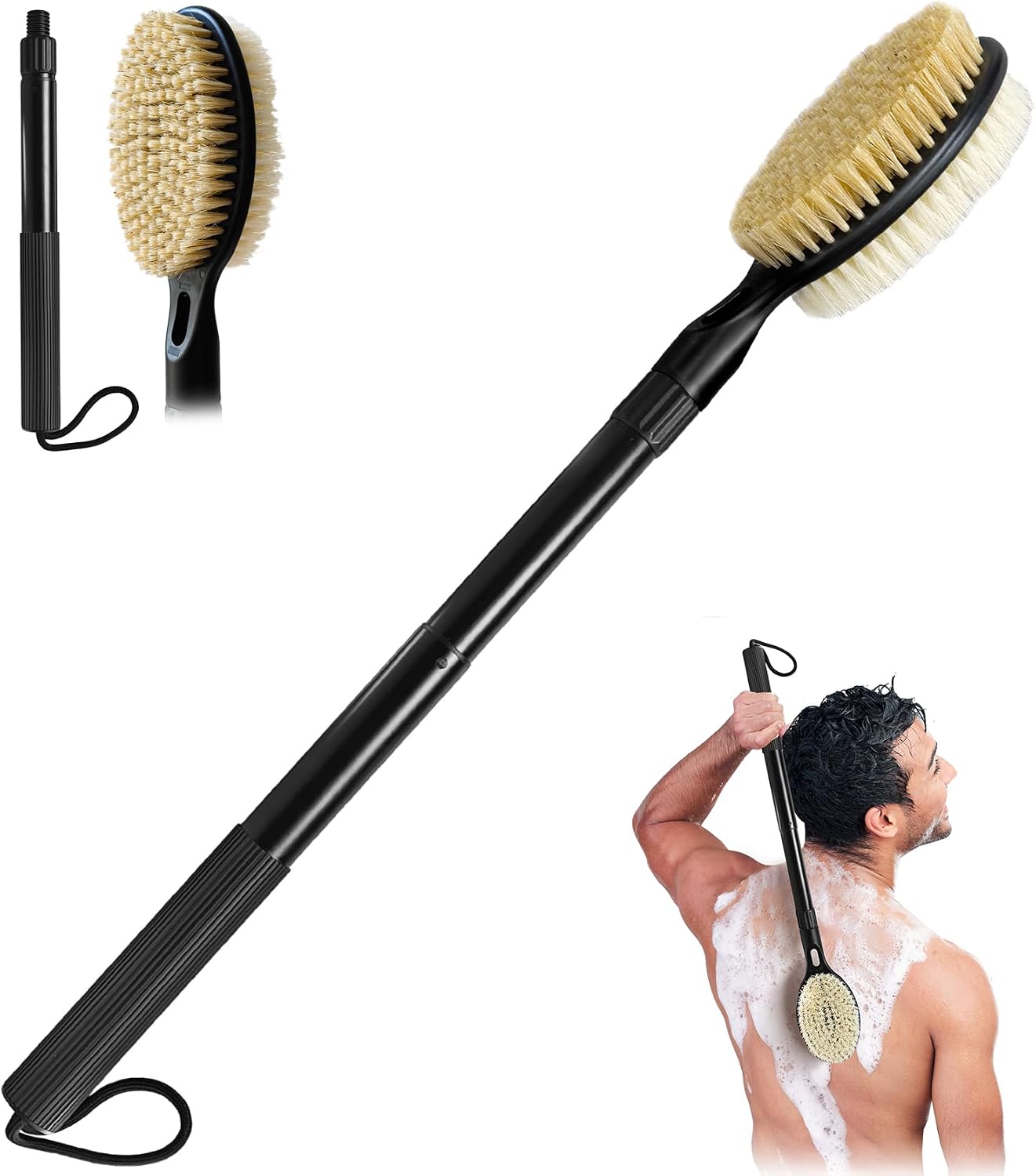 Extendable Back Scrubber for Shower 17.52"-25.6" Bath Brush Dual-Sided Stiff & Soft Bristles for Elderly Limited Mobility