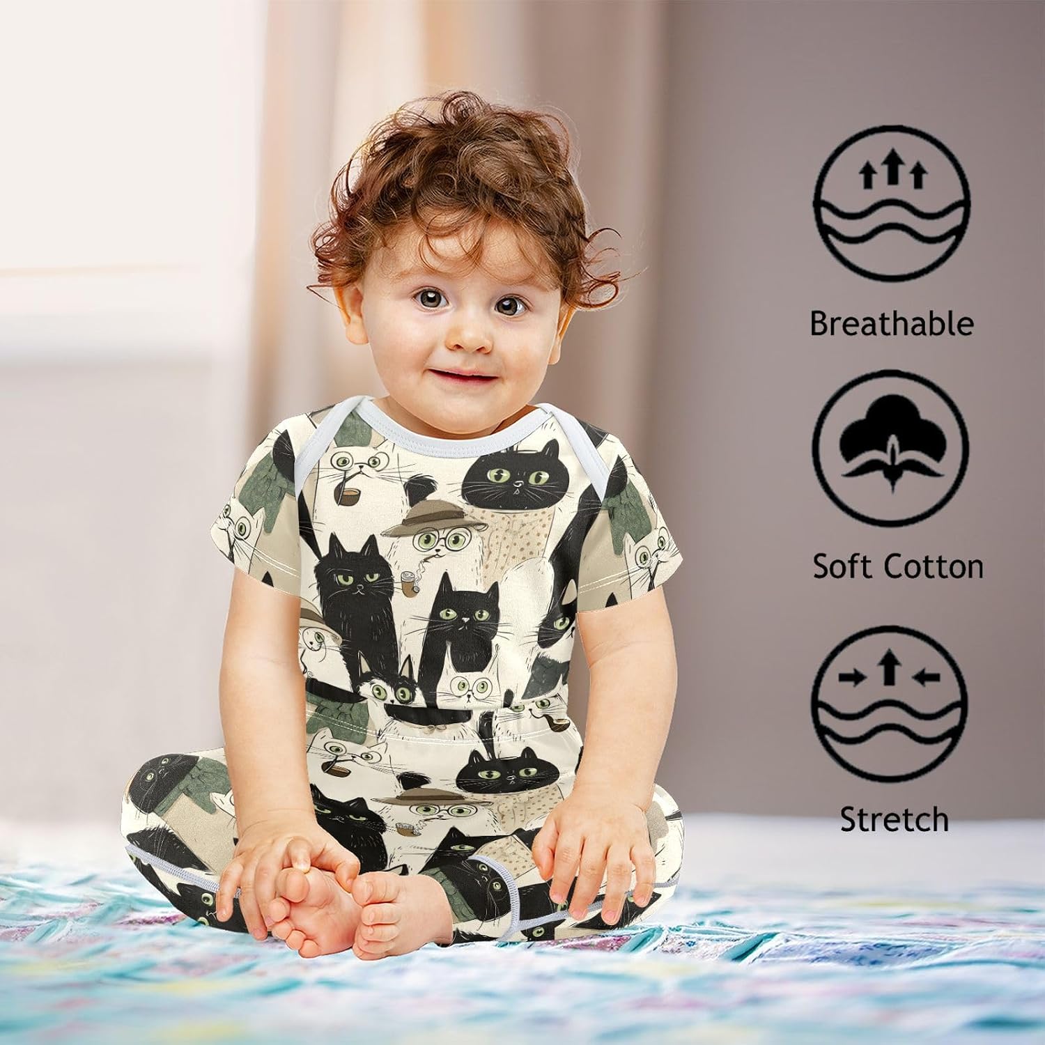 vvfelixl Baby Clothes Black White Cats Baby Bodysuits Set Unisex Short Sleeve Babys Pants Sets 0-3M