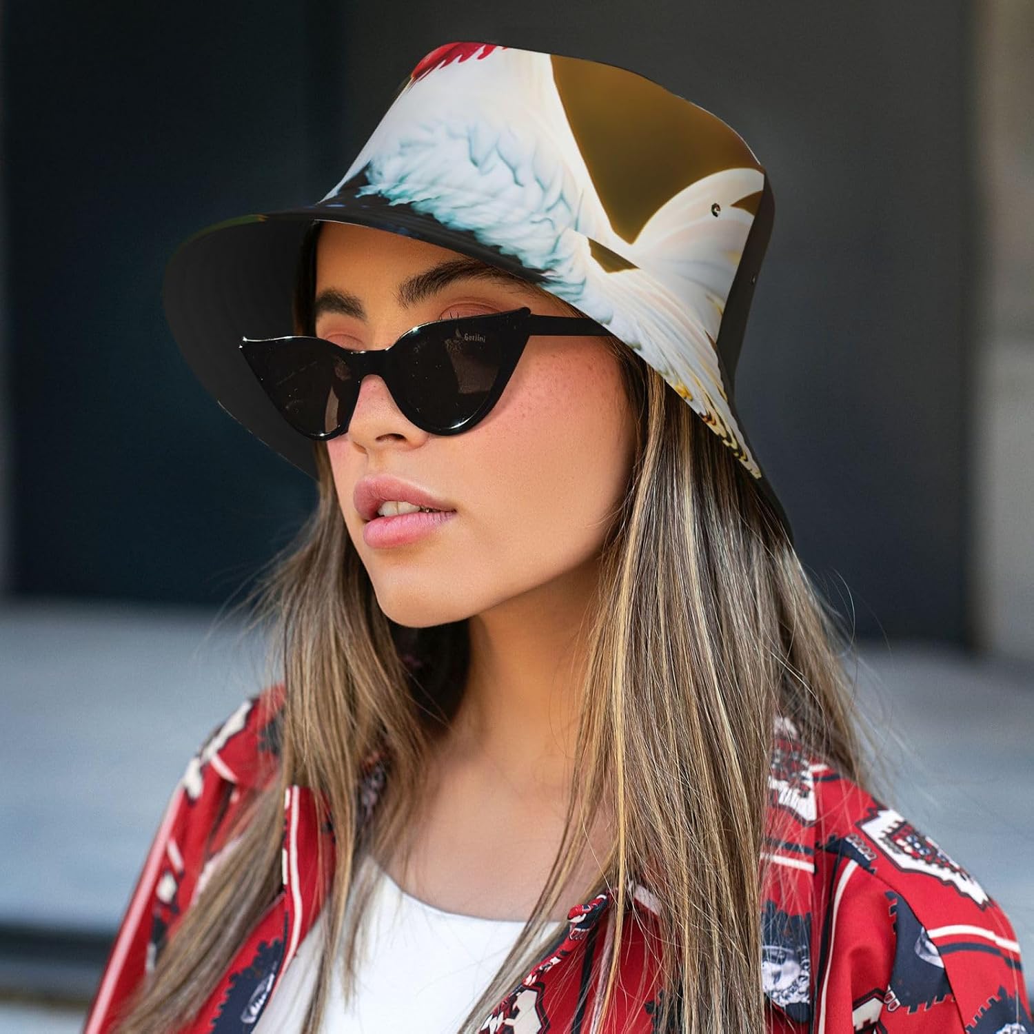 Shine Rooster Print Sun Hat Outdoor Fisherman Cap Summer Bucket Hat Beach for Men Women Black