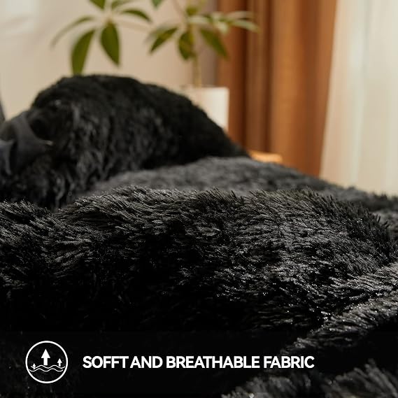 Faux Fur black Comforter set queen,Down Alternative Fur Comforter 3pcs Set(1 Plush Comforter +2 Furry Pillow Cases ) Luxury Modern All Season Microfiber Fill Duvet Insert Bedding (Black , Full/Queen)