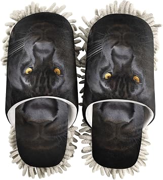 Microfiber Cleaning Slippers Cool Panther Black Leopard Washable Mop Shoes Slipper for Men/Women House Floor Dust Cleaner, Size M