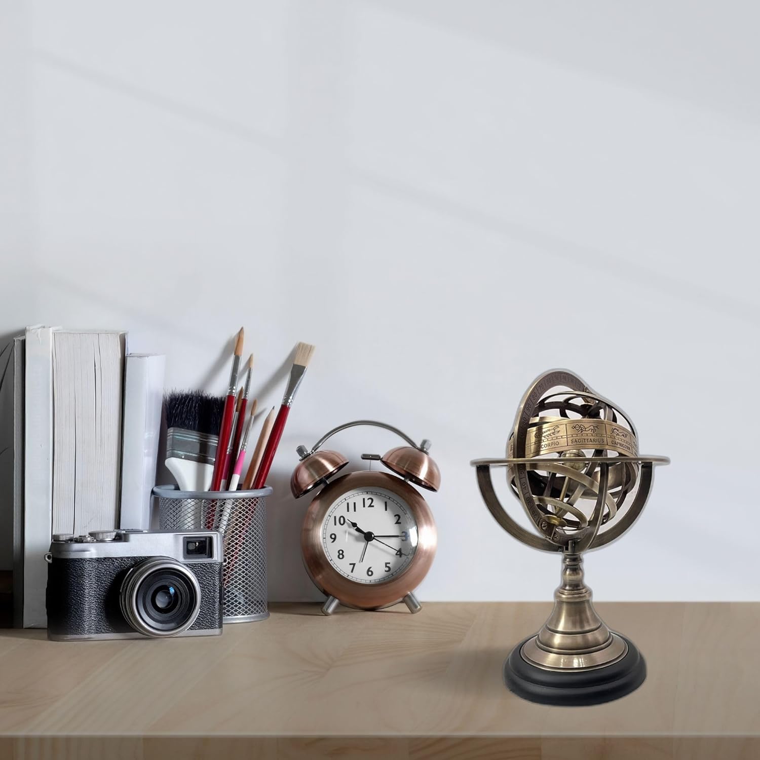 Antique Zodiac Armillary Brass Sphere Globe with Wooden Display & Celestial Engravings | Educational Astrolabe Clock