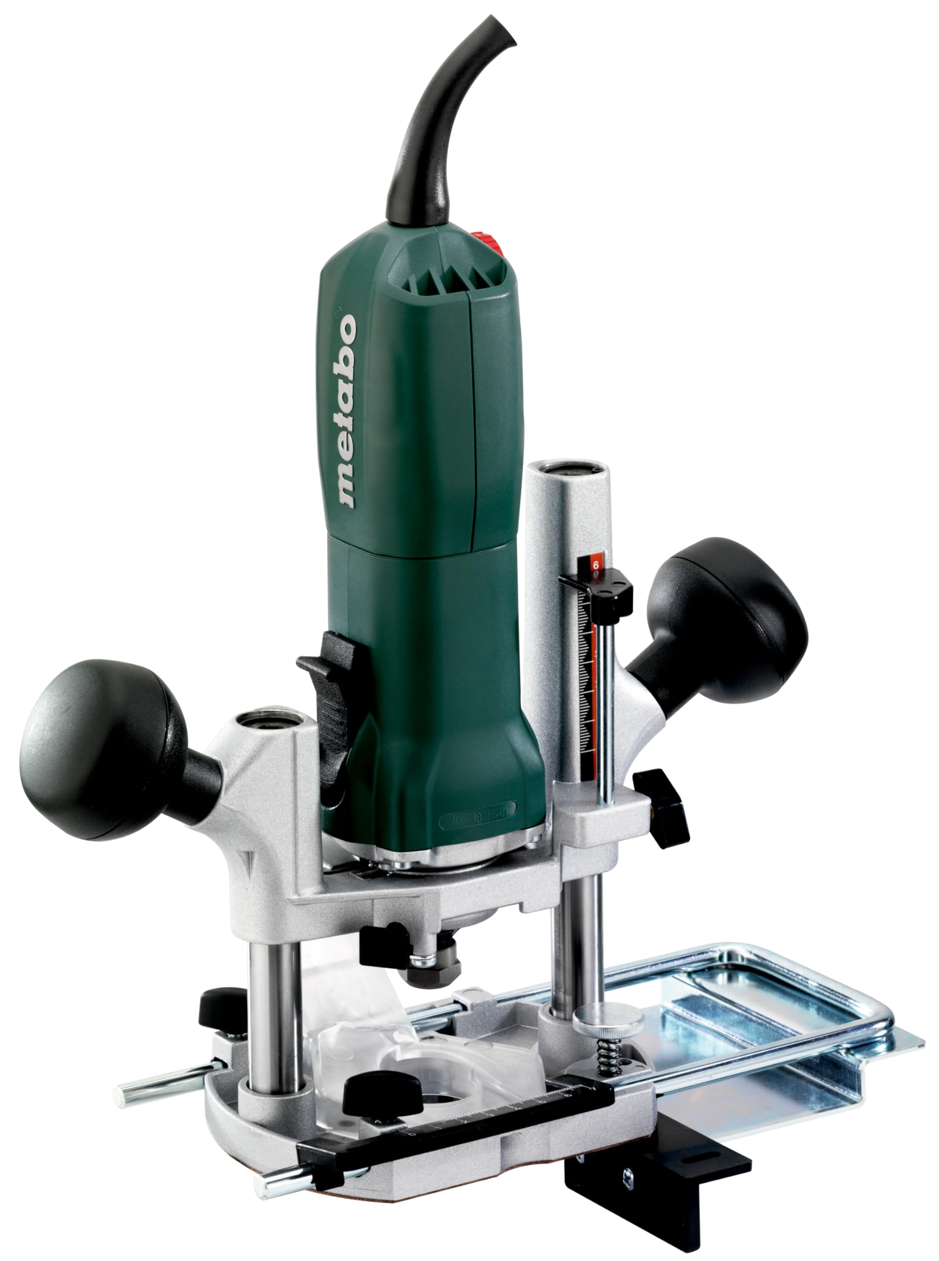 metabo OFE 738 Oberfräse, 710 W Fräse für Metabo Marathon-Motor | Stabile 2-Säulen-Präzisionsführung, Gehärtete Spannzange, 4 m Kabel, Inkl. Parallelanschlag & Absaugverbindungsstück