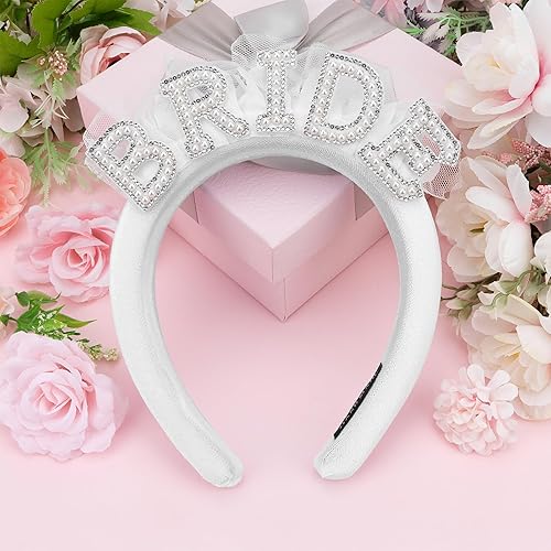 BAHABY Diadema de novia con velo para novia, regalos de despedida de soltera, diademas de perlas blancas para mujeres, decoraciones de despedida de