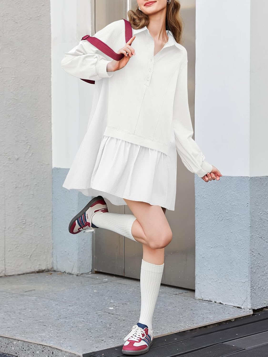 Fisoew Womens Oversized Sweatshirt Dress Long Sleeve V Neck Patchwork Casual Pullover Tops Loose Fit Mini Dresses