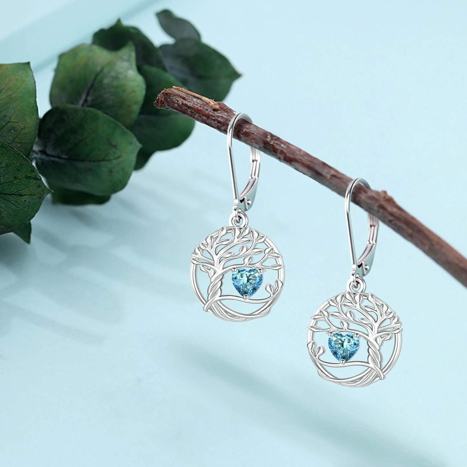 Eusense 925 Sterling Silver Tree of Life Birthstone Earrings Heart Dangle Drop Earrings Christmas Jewelry Gifts for Women