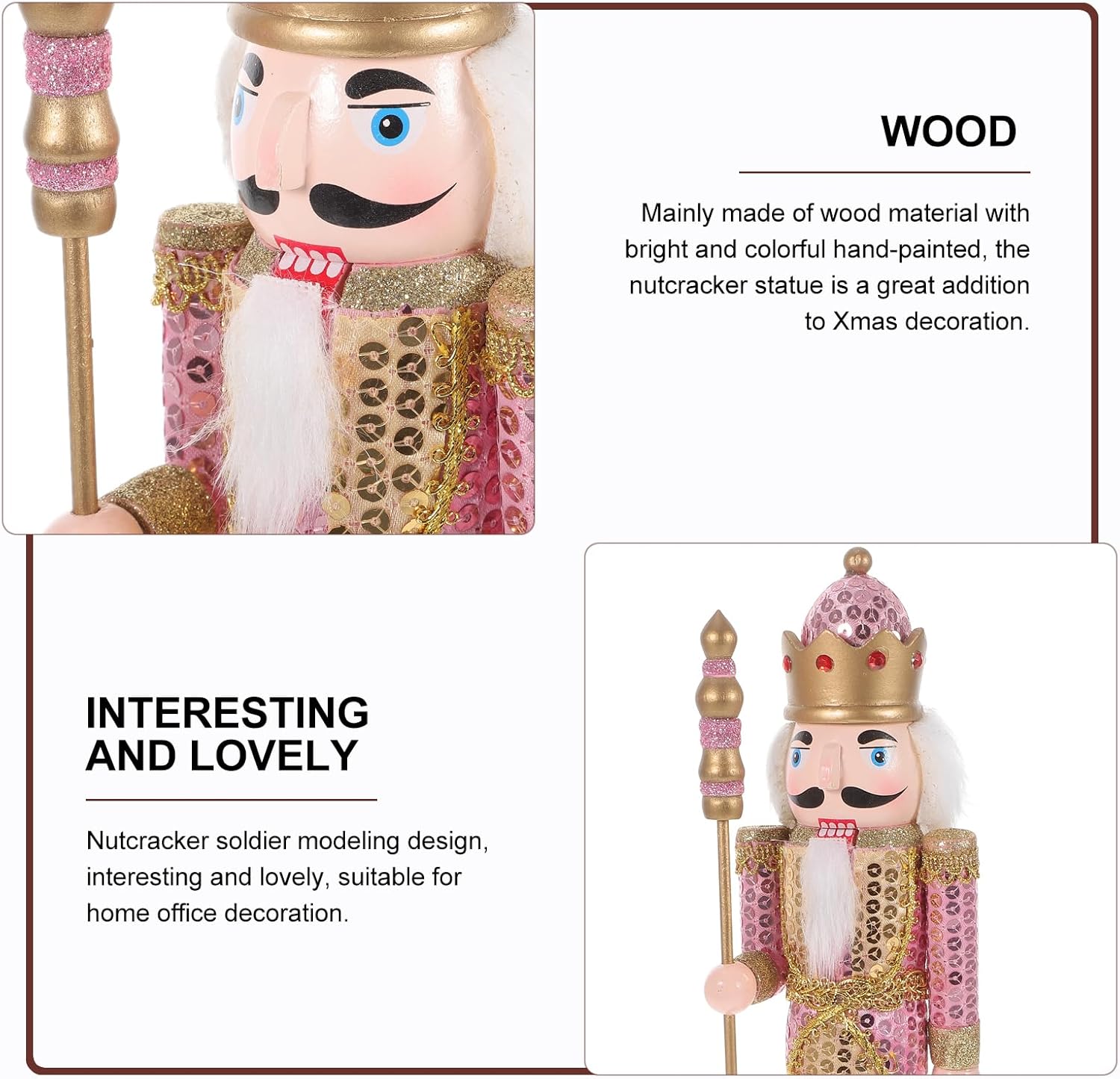 PartyKindom Christmas Nutcracker Decor: King Soldier Nutcracker Figure Pink Wooden Decoration for Table Fireplace Decoration Christmas Party Ornaments (12in Pink Scale King)