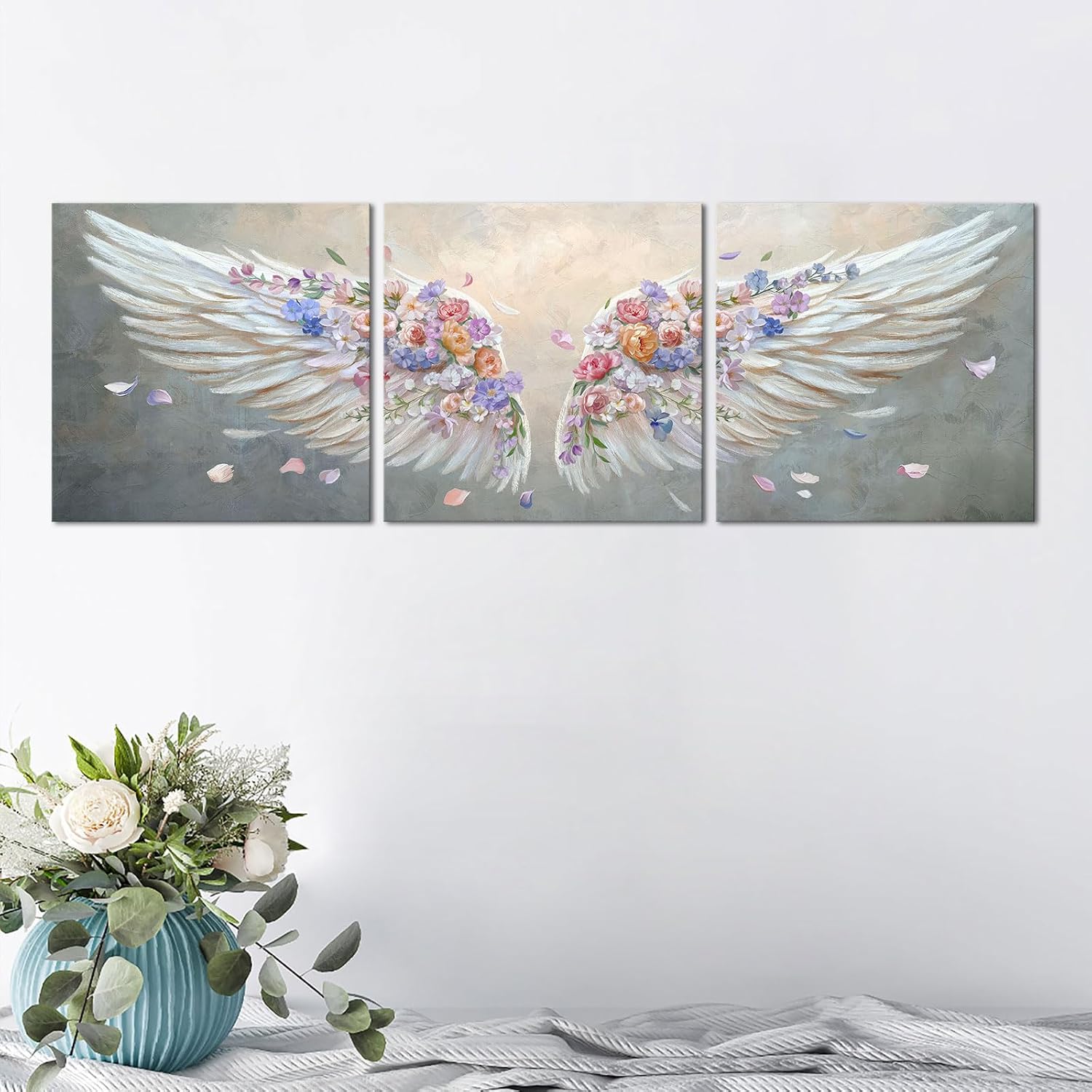 VANSEEING 3 Pieces Angel Wings Flower Wall Art Canvas Prints Floral Painting Pictures Aesthetic Grey Artwork Angel Wings Wall Decor for Bedroom Living Room Office Home 12x12inchx3