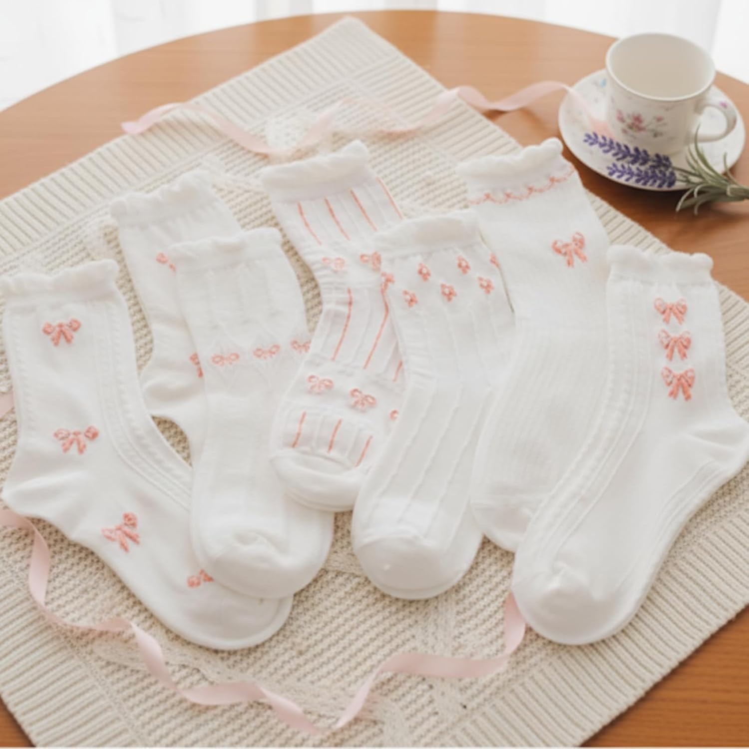 6 Pairs Cute Coquette Bow Ankle Crew Socks for Valentine Women Lace Ruffles Ankle Casual Sock Edge Spring Daily Wear Gift - Image 3
