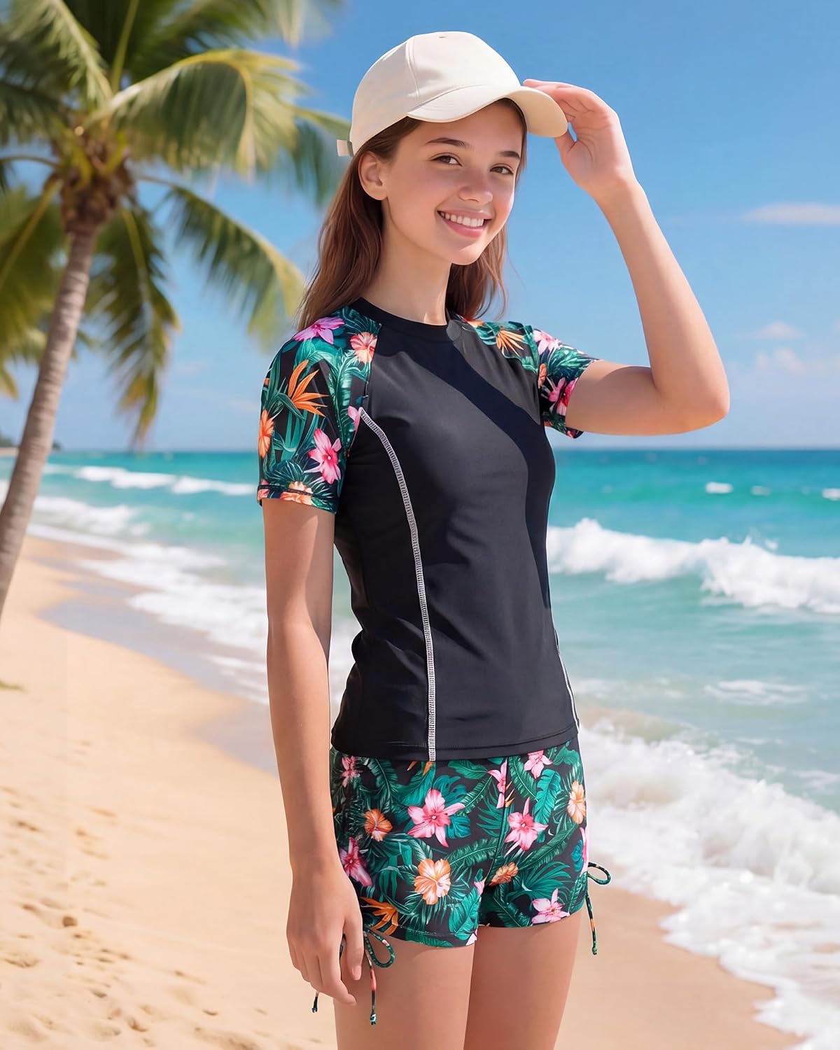 Girls Rash Guard Swimsuit 2-Piece Short Sleeve Bathing Suit UPF 50+ Summer Swimwear Size 9-14T