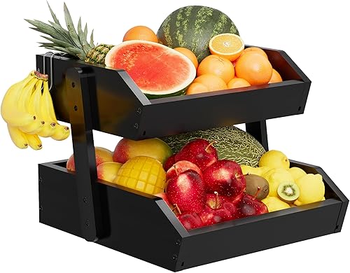 Cesta de frutas organizador de encimera de cocina, bambú negro, 2 niveles, frutero y almacenamiento de verduras para encimera
