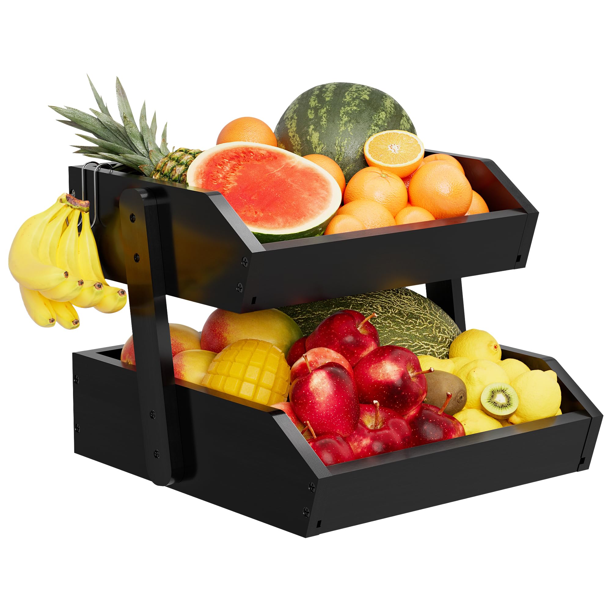 Bamboo 2 Tier Fruit Basket for Kitchen Counter, Large Capacity Fruit Storage Countertop, Fruit Holder, Wood Pantry Organizers and Storage, Kitchen Countertop Organizer With Two Banana Hangers (Black)