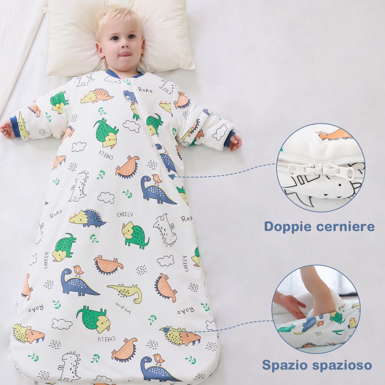 MIKAFEN Sacco nanna invernale per bambini 3,5 tog con maniche rimovibili, 100% cotone sacco a pelo con braccia,Dinosauro verde 14-24 mesi