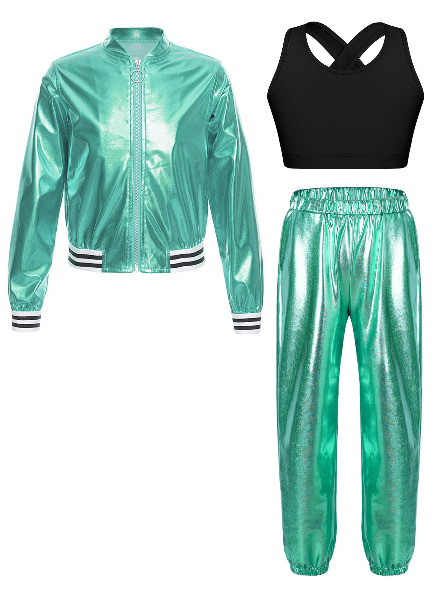 3 Pezzi Tuta da Sportiva Ginnastica Artistica per Bambina Completo Hip Hop Lucido Giacca Pantaloni e Crossback Top Abito da Ballo di Strada Jazz Metallizzato