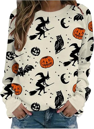 Amazon.com: Sudaderas de Halloween para mujer con diseño de calabaza, luna,  búho, vintage, de manga larga, informal, sudaderas : Ropa, Zapatos y Joyería