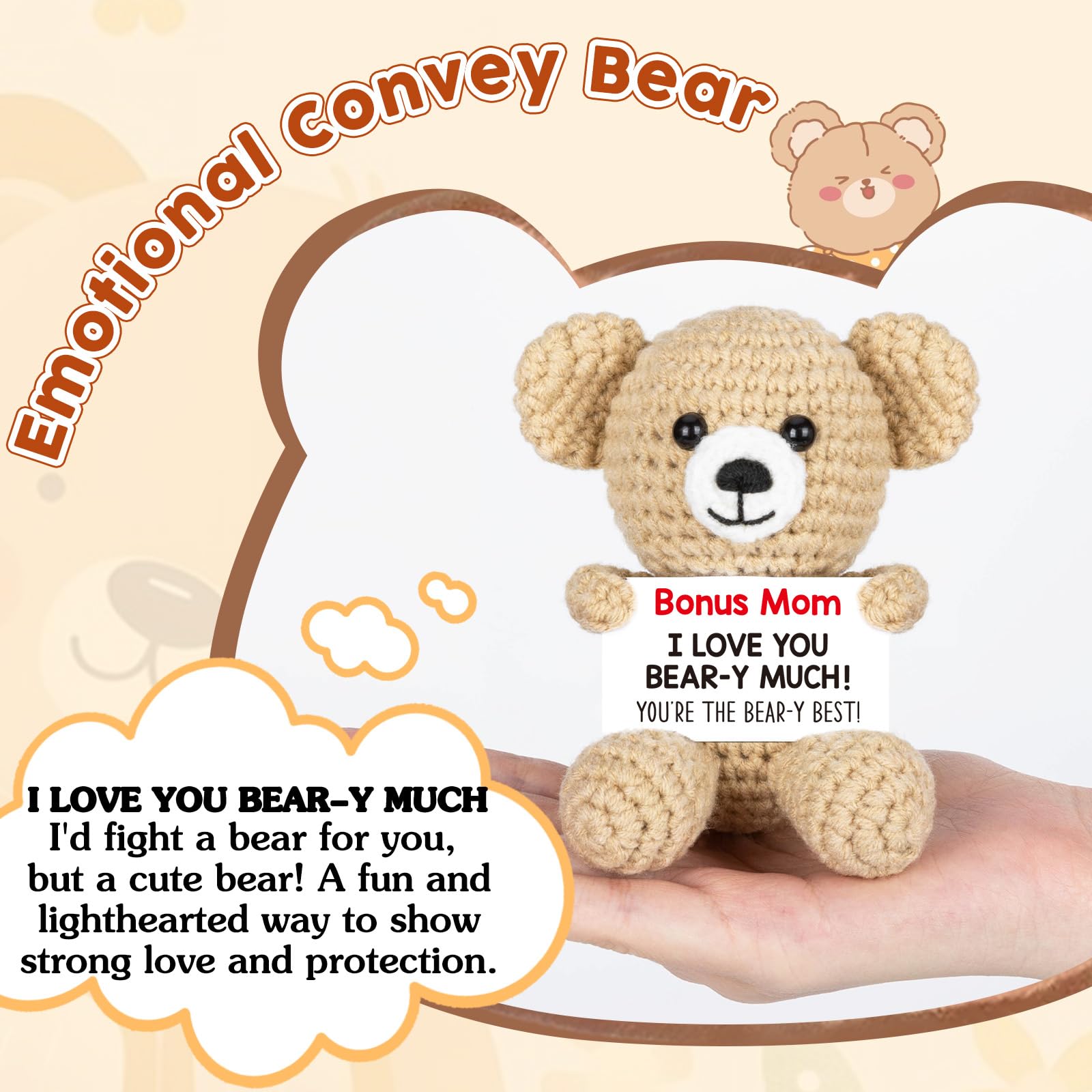 WELLBANEE Mother Gift Bonus Mom, Handmade Crochet Bear for Sentimental Mothers Day Birthday Present for Stepmom, Appreciation Keepsake for The Best Bonus Mom Ever, Small Desk or Shelf Décor Bear