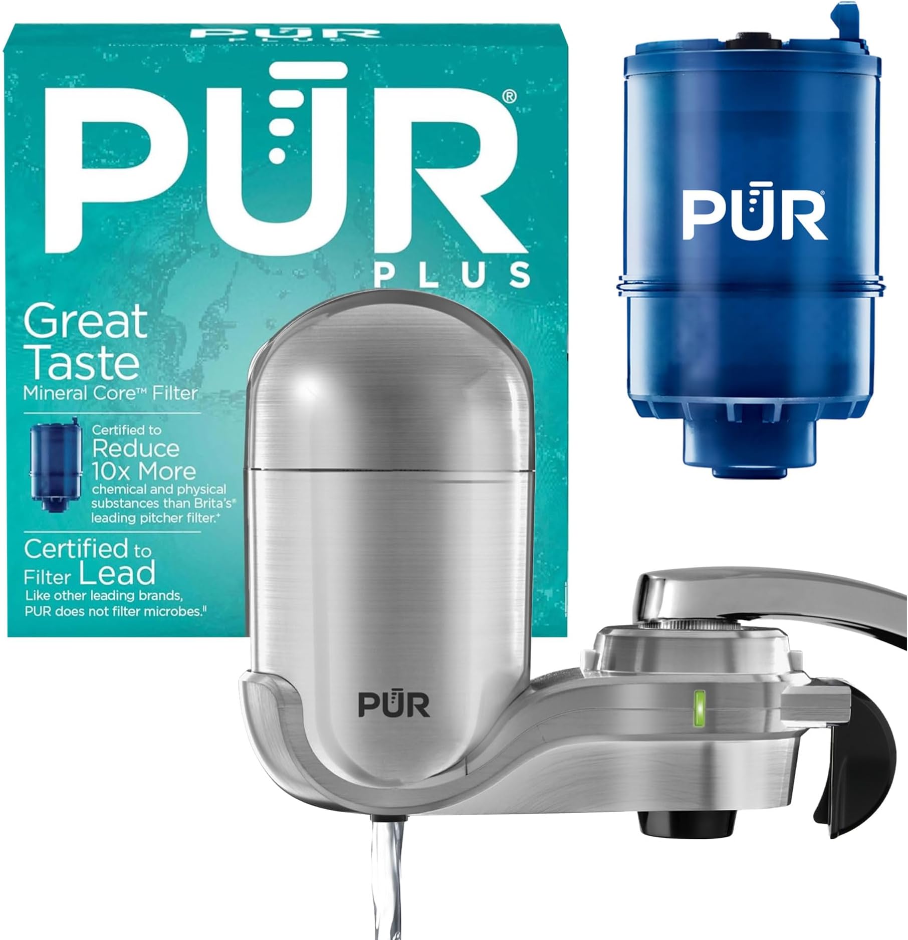 PLUS Vertical Faucet Mount Water Filtration System with 3-in-1 Lead Reducing Filter for Great-Tasting Filtered Tap Water, Lasts 100 Gallons, Fits Most Kitchen or Bathroom Faucets, Stainless Steel