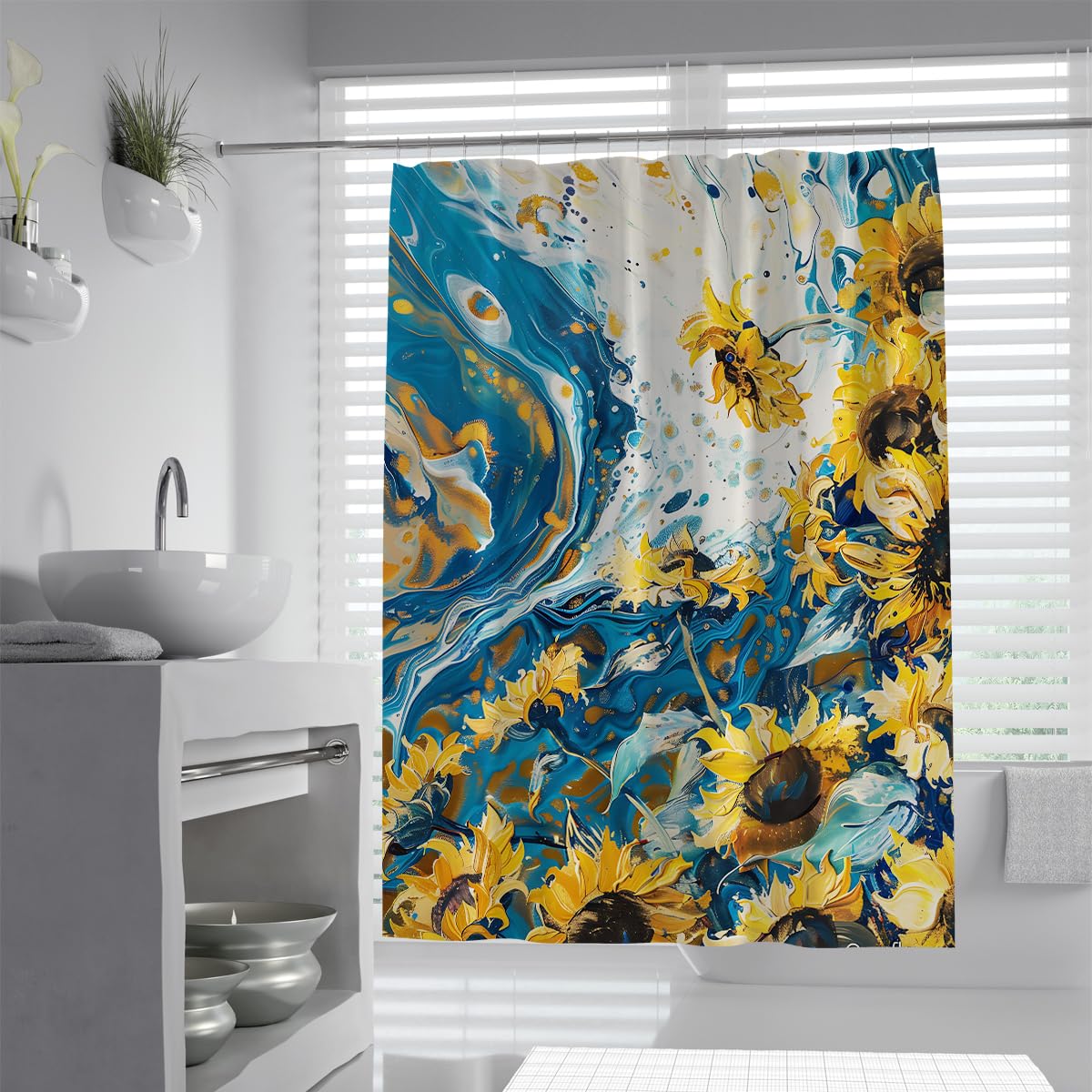 UIRINGART Abstract Sunflower Blue Marble Shower Curtain W90xL180cm Modern Polyester Water Repellent Bathroom Drapery Mildew Resistant Bath Screen with hooks