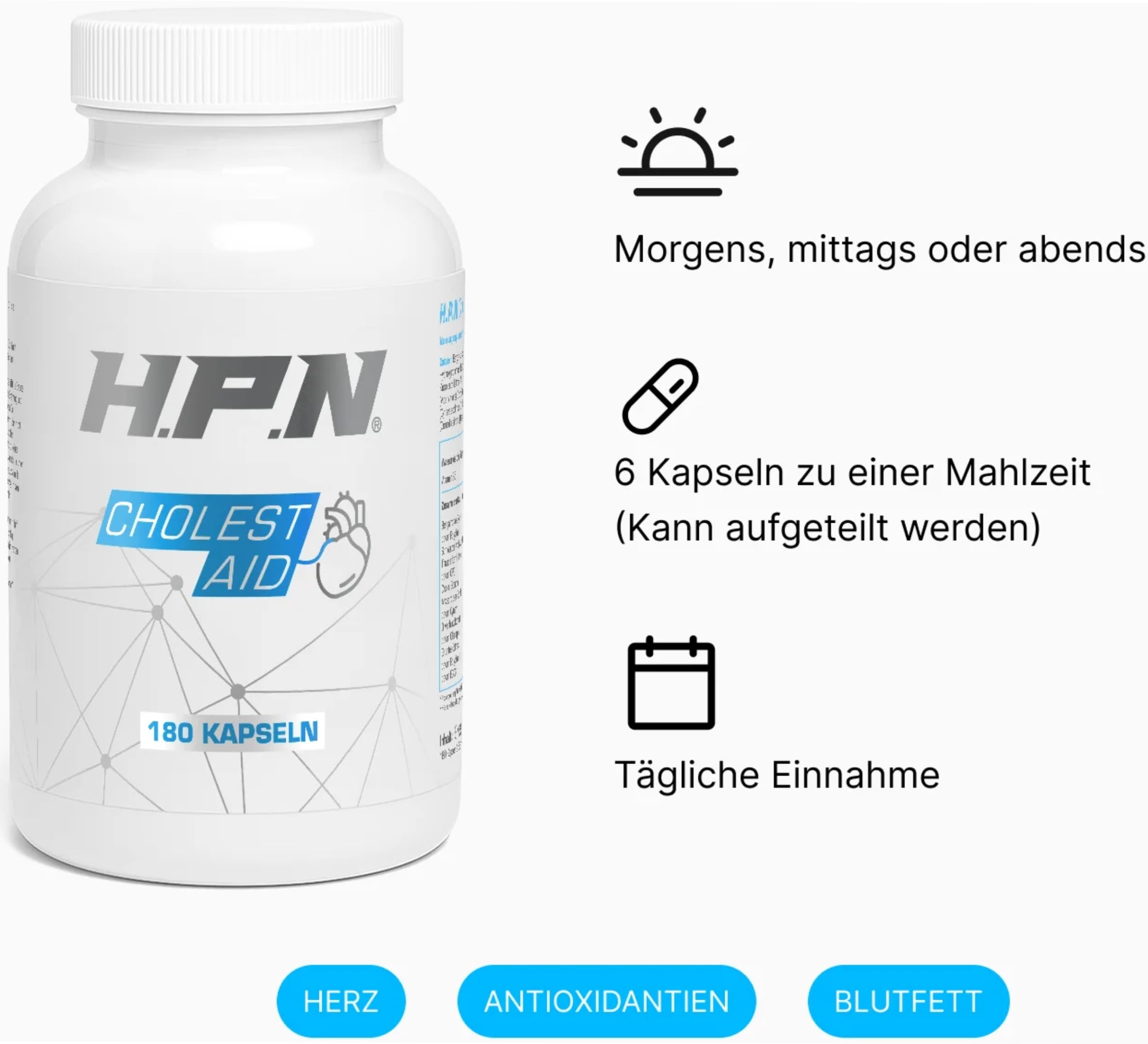 H.P.N - Cholest Aid | Cholesterin Unterstützung | Synergetischer Komplex mit Bergamotte, Olivenblatt, schwarzem Knoblauch & Cholin | Unterstützung der Cholesterinwerte & Leberfunktion - 180 Kapseln