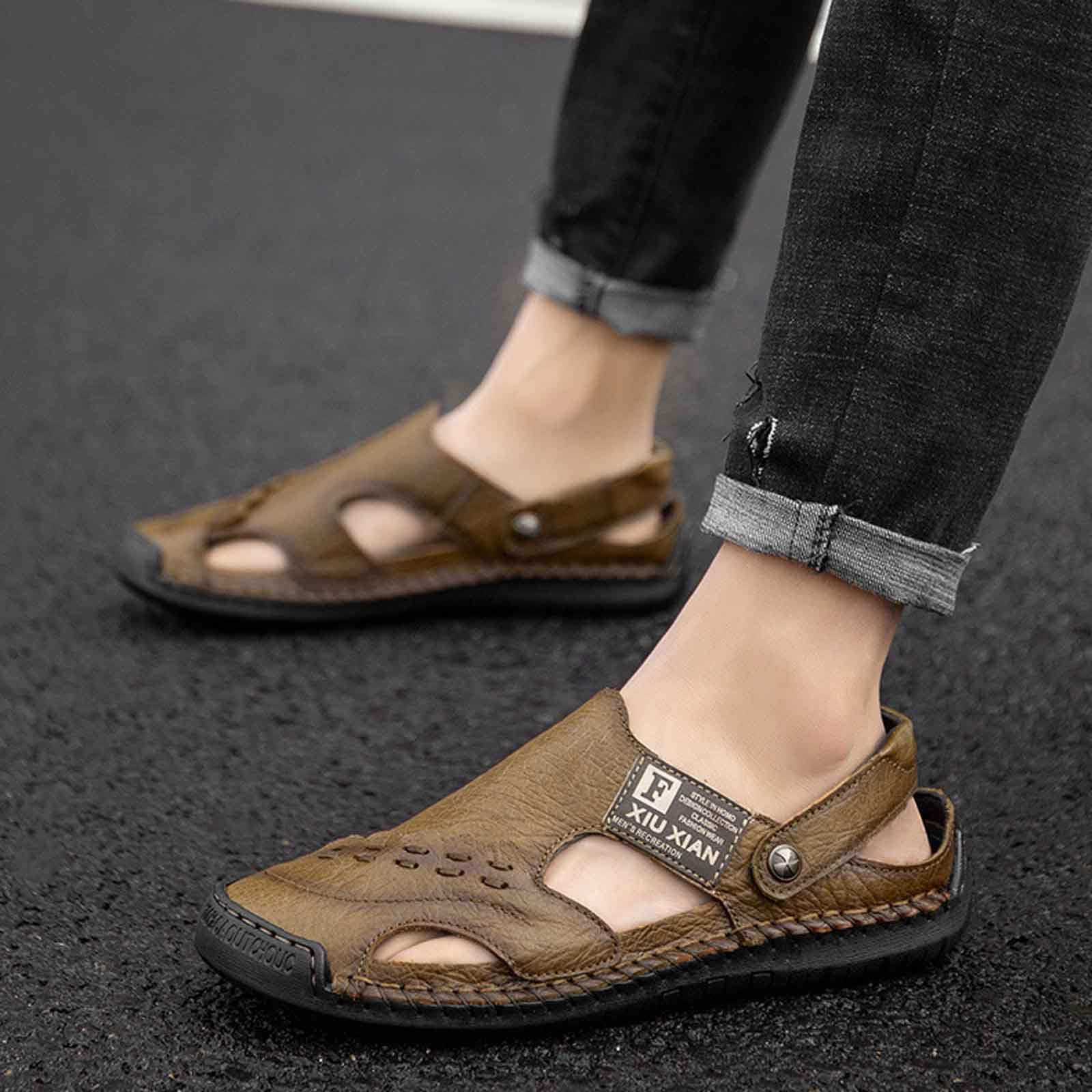 Sandalias Hombre Suela de Goma Cuero con Bandas Ajustables Chanclas Casual Deportivas Punta Cerrada Zapatillas Amortiguado Soporte de Arco Reforzada para Playa Verano Piscina