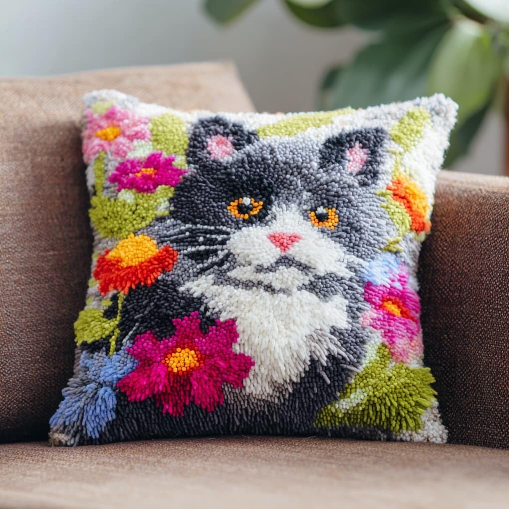 WallustrioaW Latch Hook Kits Pillow Printed Cushion,Cute cat