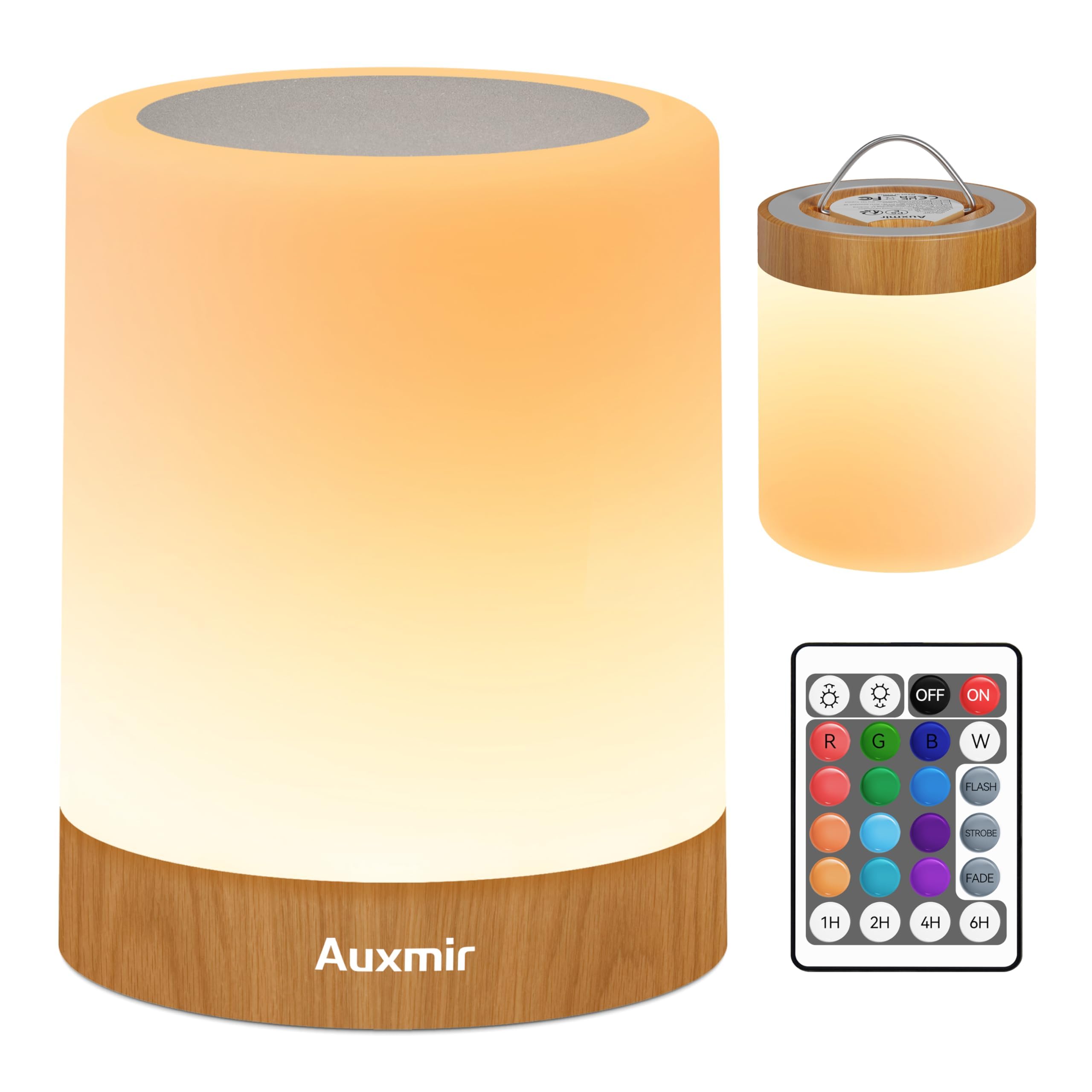 Auxmir Lampada da Comodino Touch Dimmerabile, Abat Jour Luce Notturna Timer, Lampada LED da Tavolo Senza Fili con Telecomando, 13 Colori 5 Livelli 5 Modalità, 3000mAh Ricaricabile per Camera da Letto