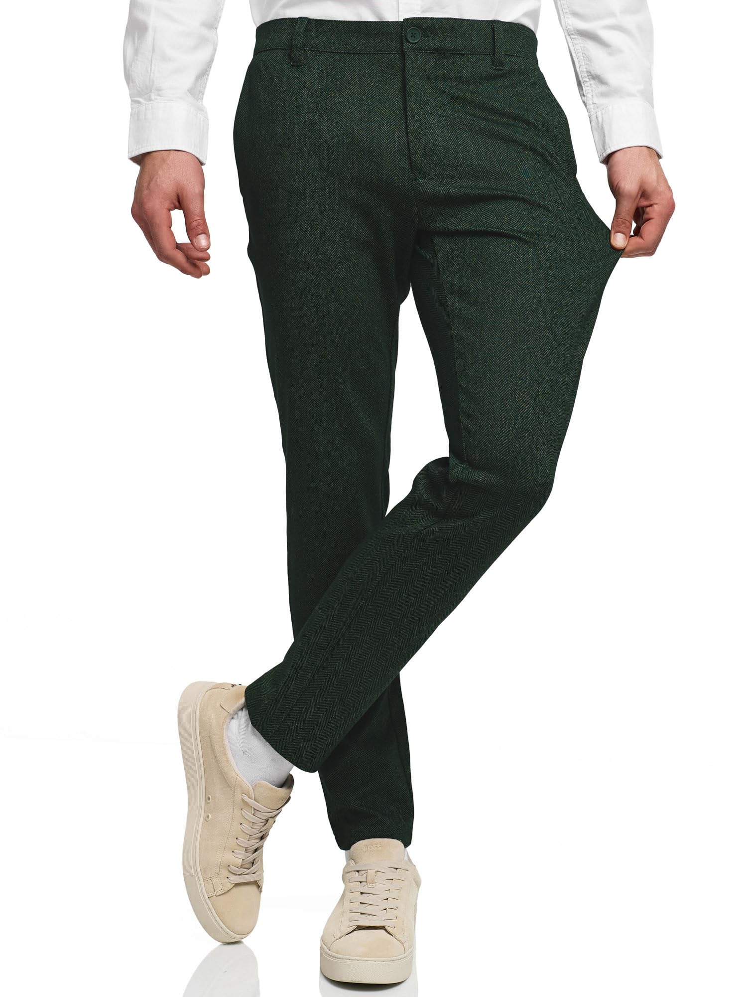 Indicode Herren Rodekro Performance Pants | Chinohose Herrenhose Super Stretch Stoffhose Bequeme Business Hose für Männer Green Herringbone, 34/32
