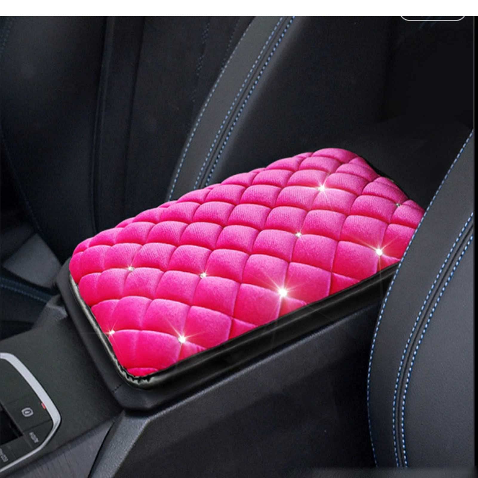 QINU Bling Bling Car Center Console Cover, Soft Plush Luster Crystal Arm Rest Padding Protective Case Diamond Car Decor Accessories for Women