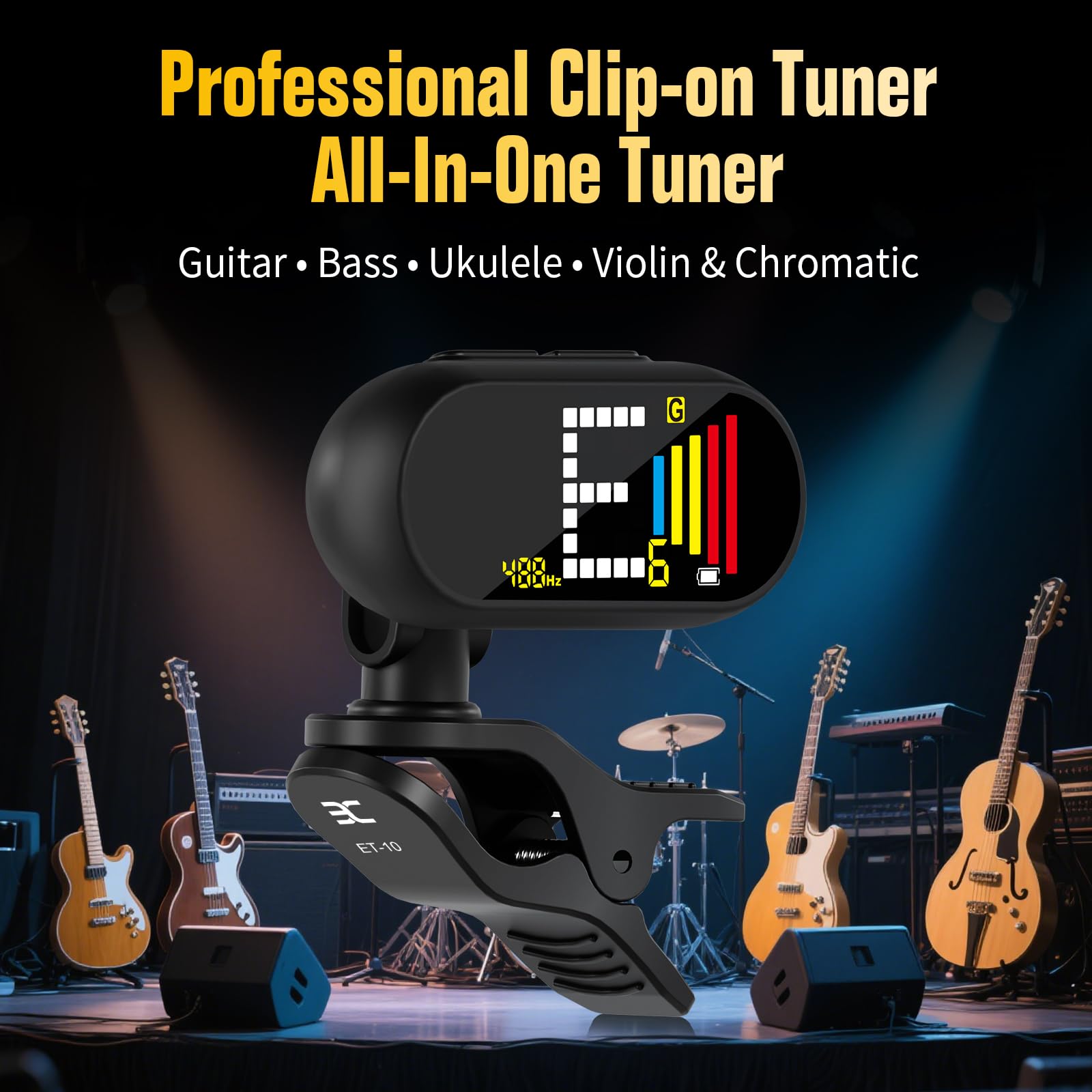 EX Professionelles, wiederaufladbares, chromatisches Stimmgerät für Gitarren, zum Anklippen, schnelles, ultra-präzises Clip-On-Stimmgerät mit Farb-LCD für Akustikgitarre, Bassgitarre, Ukulele und