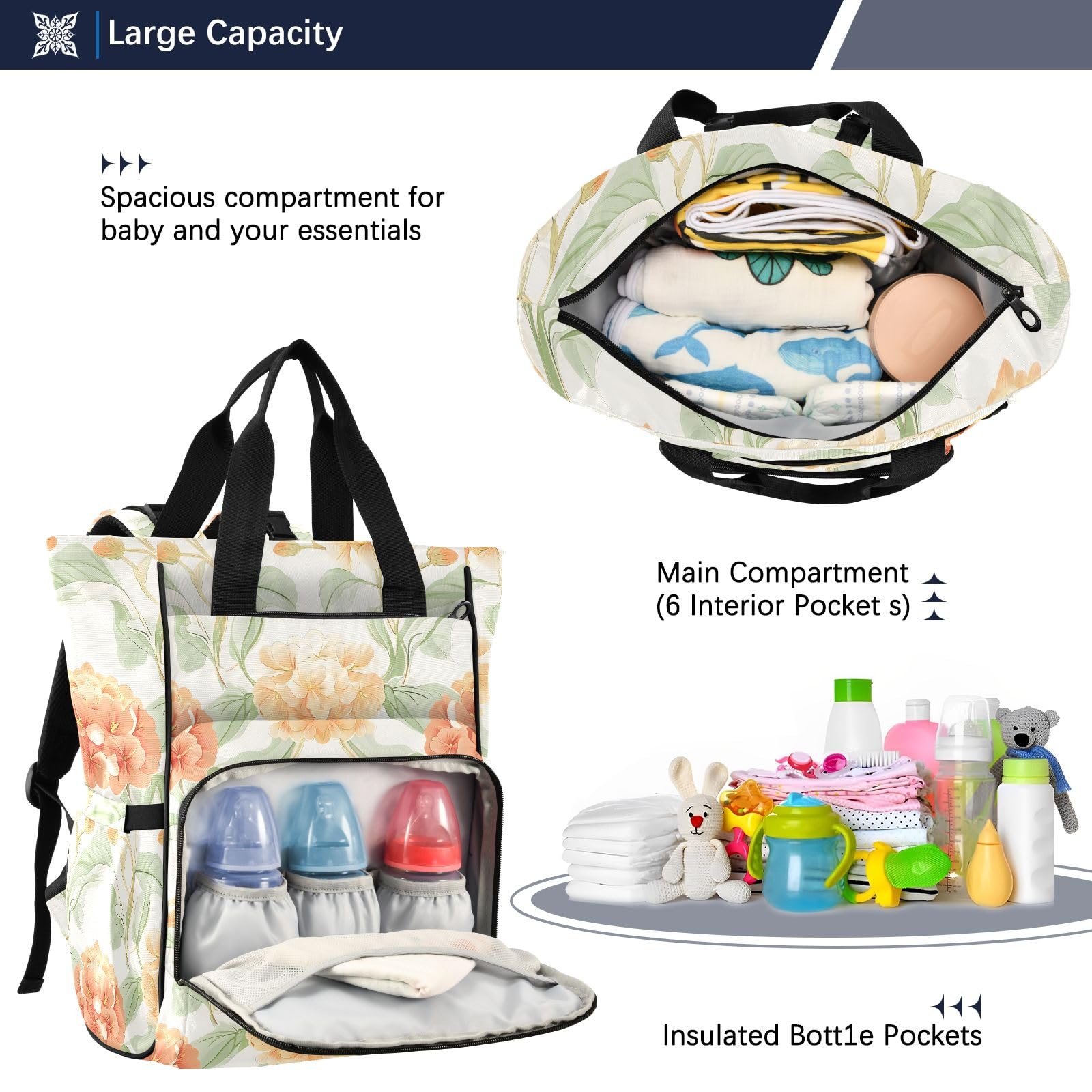 Mnsruu Borsa per pannolini per bambini, con motivo floreale rosso, grande, impermeabile, da viaggio, per mamme e papà