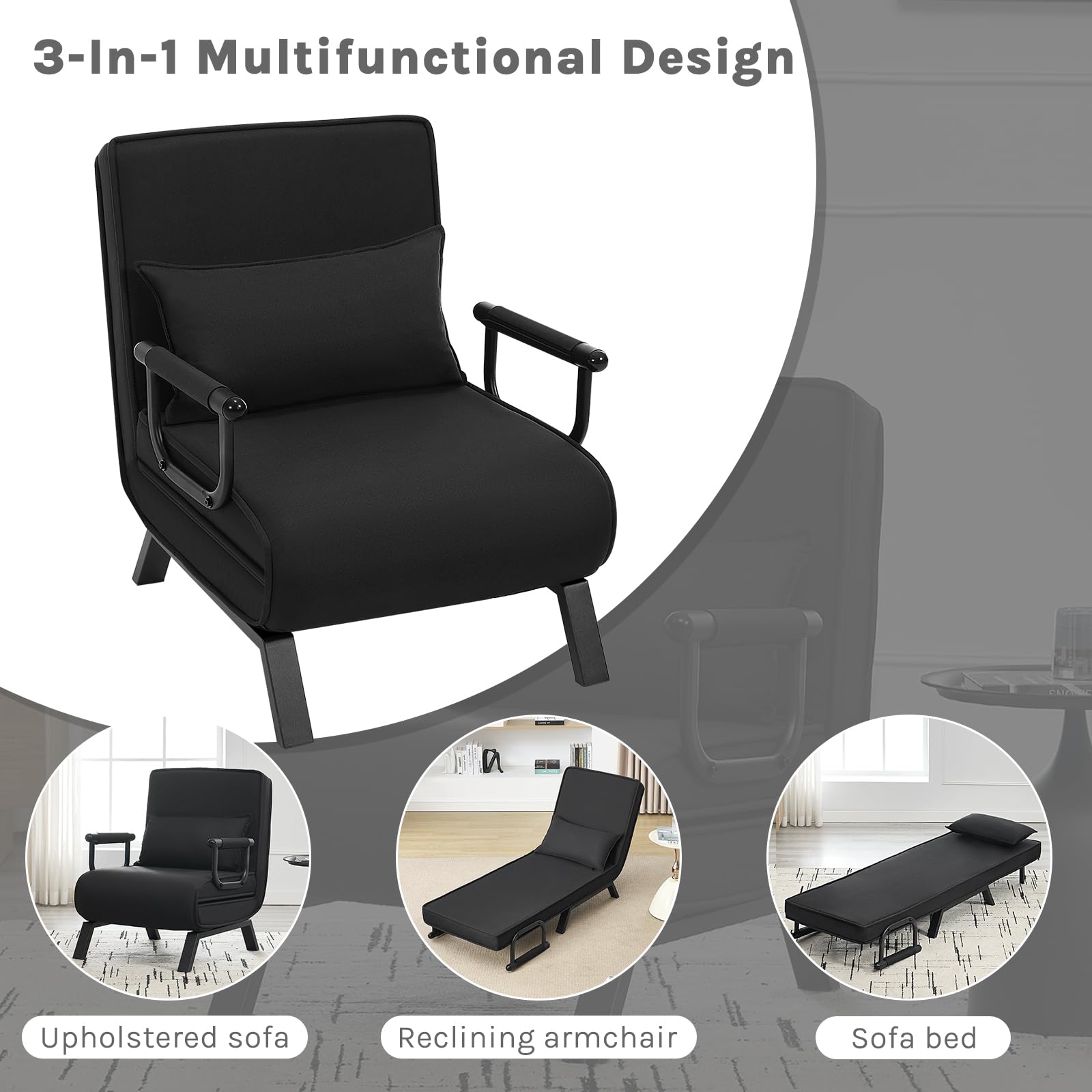 WOLTU Fauteuil Lit 1 Place Convertible, Canapé Lit Convertible 3 en 1, avec Dossier Réglable en 5 Positions, Fauteuil Salon, Oreiller Amovible, Siège Rembourré, 65x75x78cm, Noir