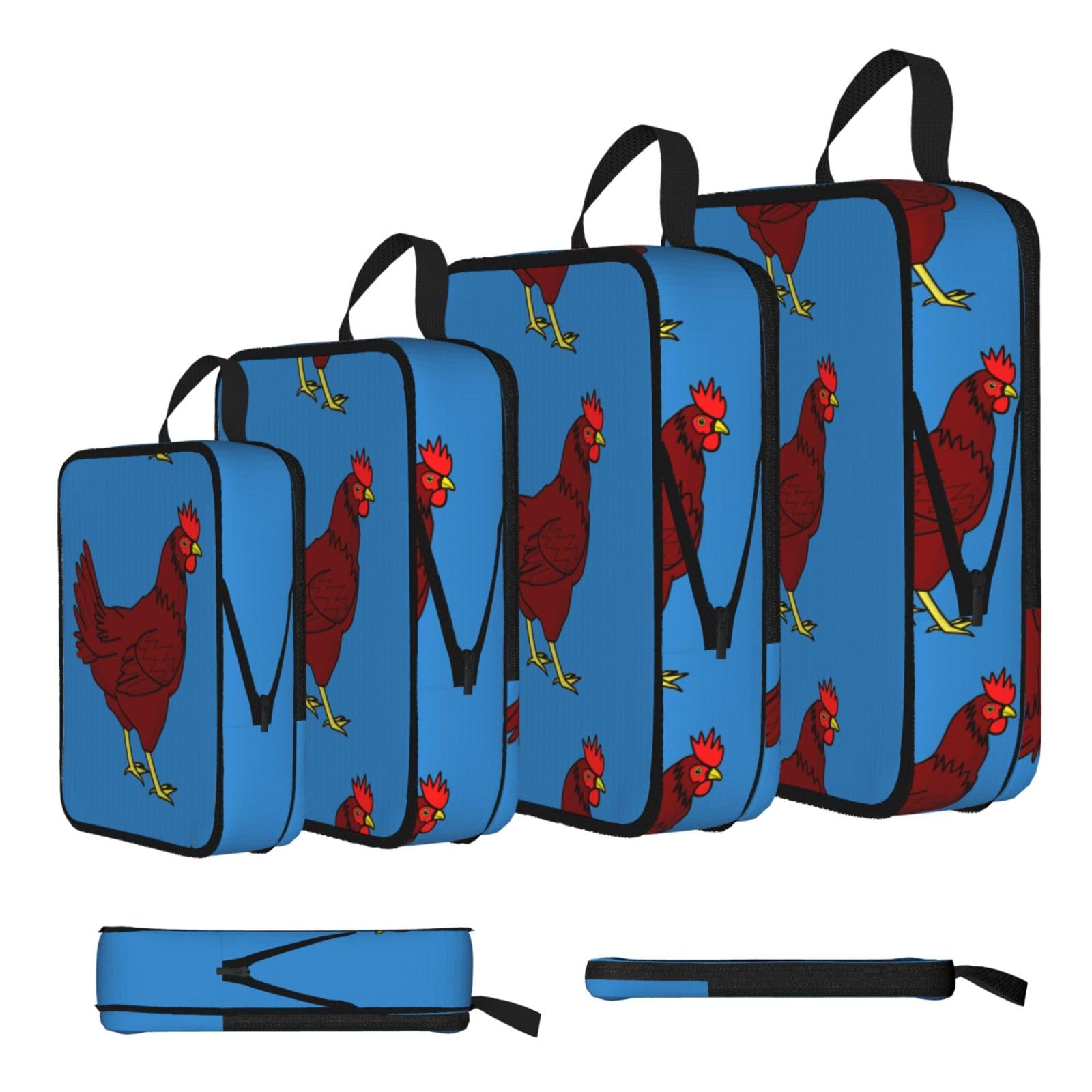 Red Chicken Print Compression Packing Cubes 4-Piece Set With Multi- Compartment Travel Bag, Waterproof Suitcase Organiser Bags