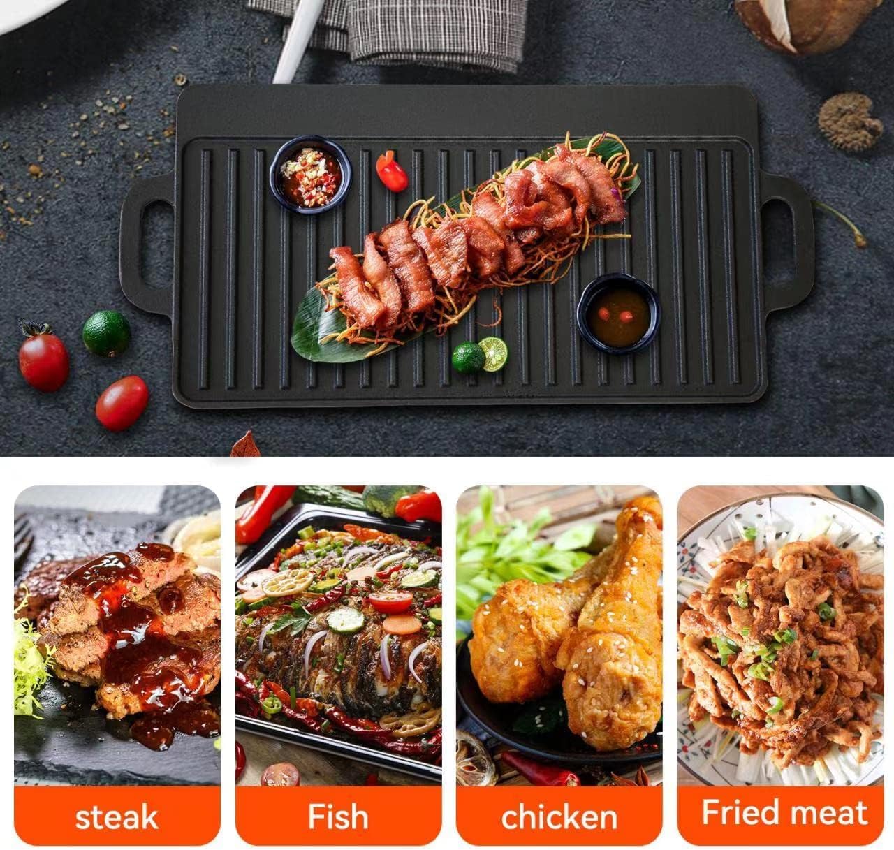 20 x 9 Inch Cast Iron Reversible Griddle Grill Pan Rectangular Reversible Grill & Griddle with with handles for Gas Stovetop Open Fire Oven