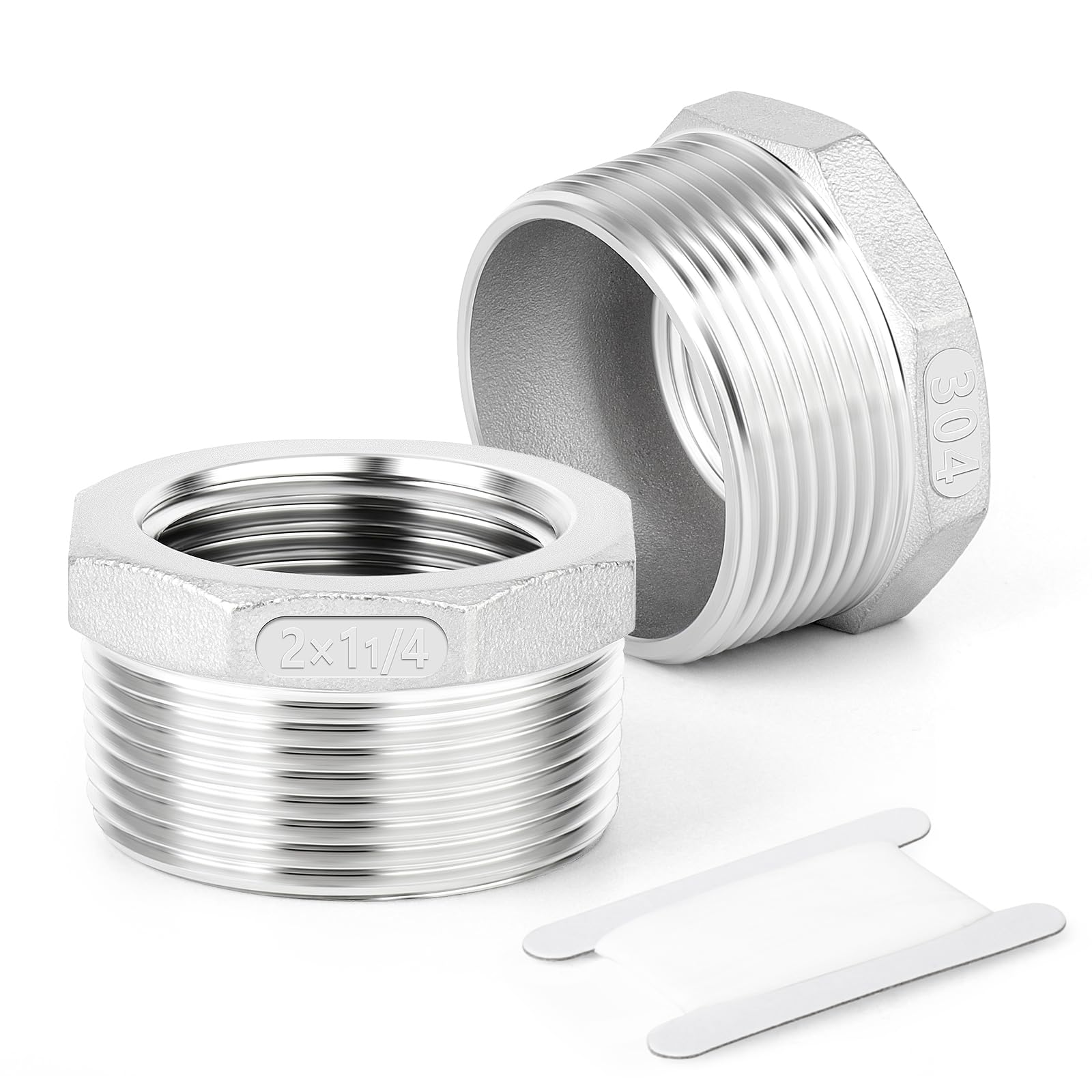 TAISHER 2 Stück 304 Edelstahl Reduzier-Sechskantbuchse, 2" BSP Außengewinde x 1-1/4"BSP Innengewinde, Reduzierrohr-Adapterfitting, für Wasser, Öl, Luft und Gas