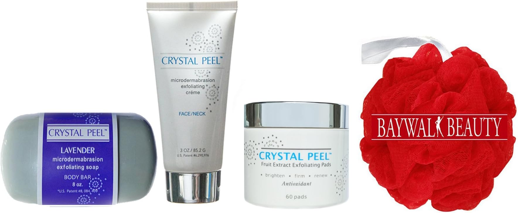 Crystal Peel Lavender Microdermabrasion Exfoliating Soap Body Bar 8 Ounce, Exfoliating Creme 3 Ounce, Fruit Extract Exfoliating Pads 60ct With FREE Shower Pouf