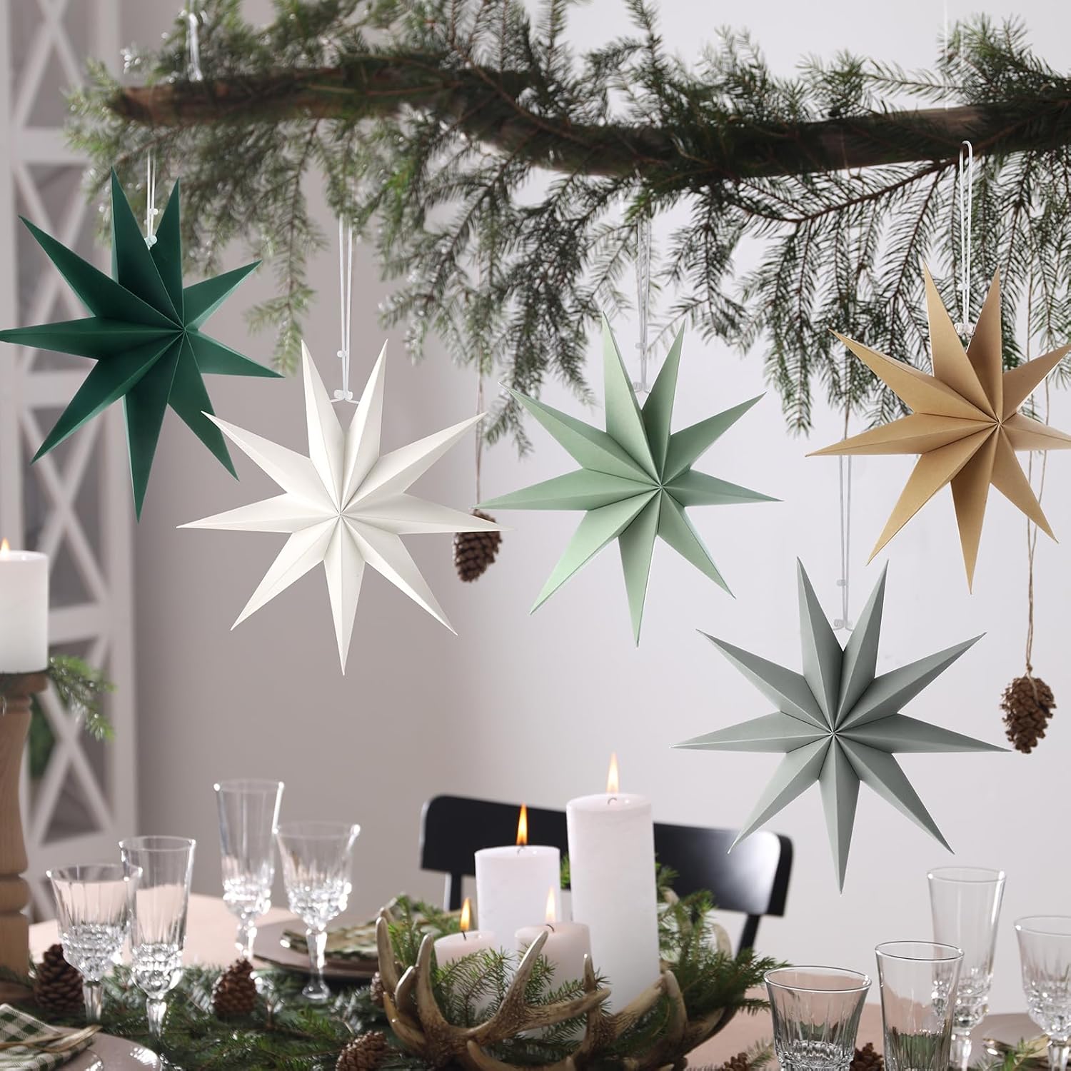ReliThick 6 Pcs Star Paper Lanterns 12 Inch 9 Pointed Christmas Hanging Lamp Neutral Sage Green Christmas Ornaments Vintage Farmhouse Paper Decorations Xmas Party Decorations