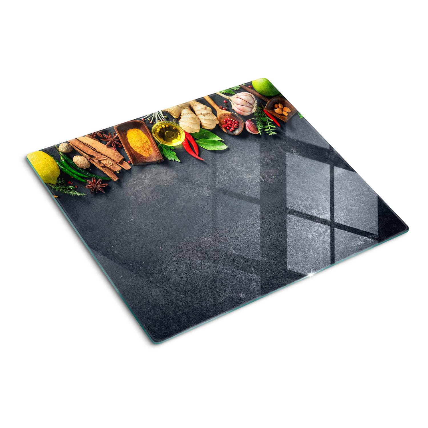 Tagliere in Vetro 60x52 cm Facile da Pulire Rettangolare con Stampe da Cucina Antigraffio Durevole e Igienico con Piedini Antiscivolo Resistente al Calore - Erbe e spezie