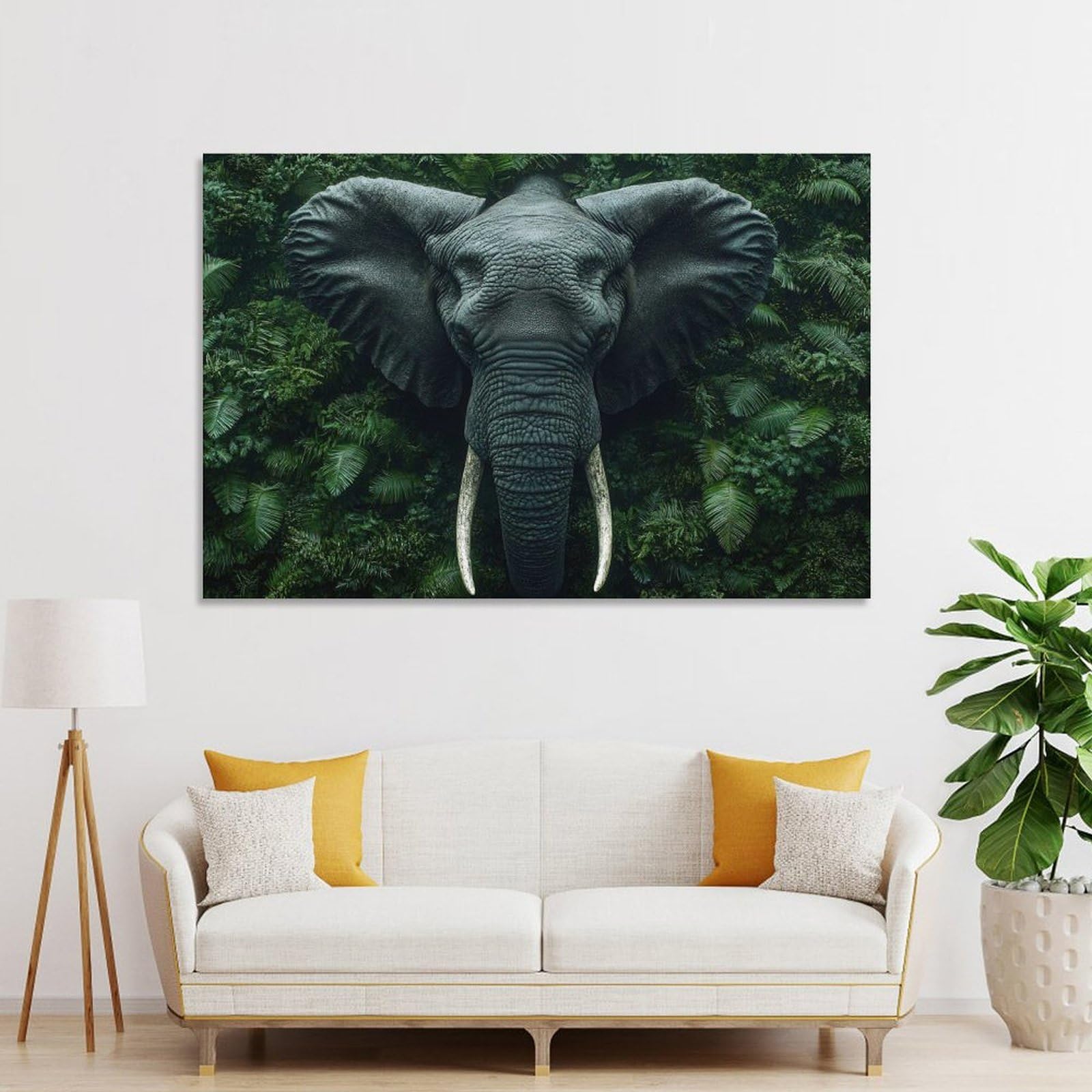 Junmoney Elephant Portrait in Lush Green Jungle Decorative Wall Artwork, 20x30inch(50x75cm), for Work Areas, Reading Rooms Or Studios, Wall Art That Adds Style to Work Areas