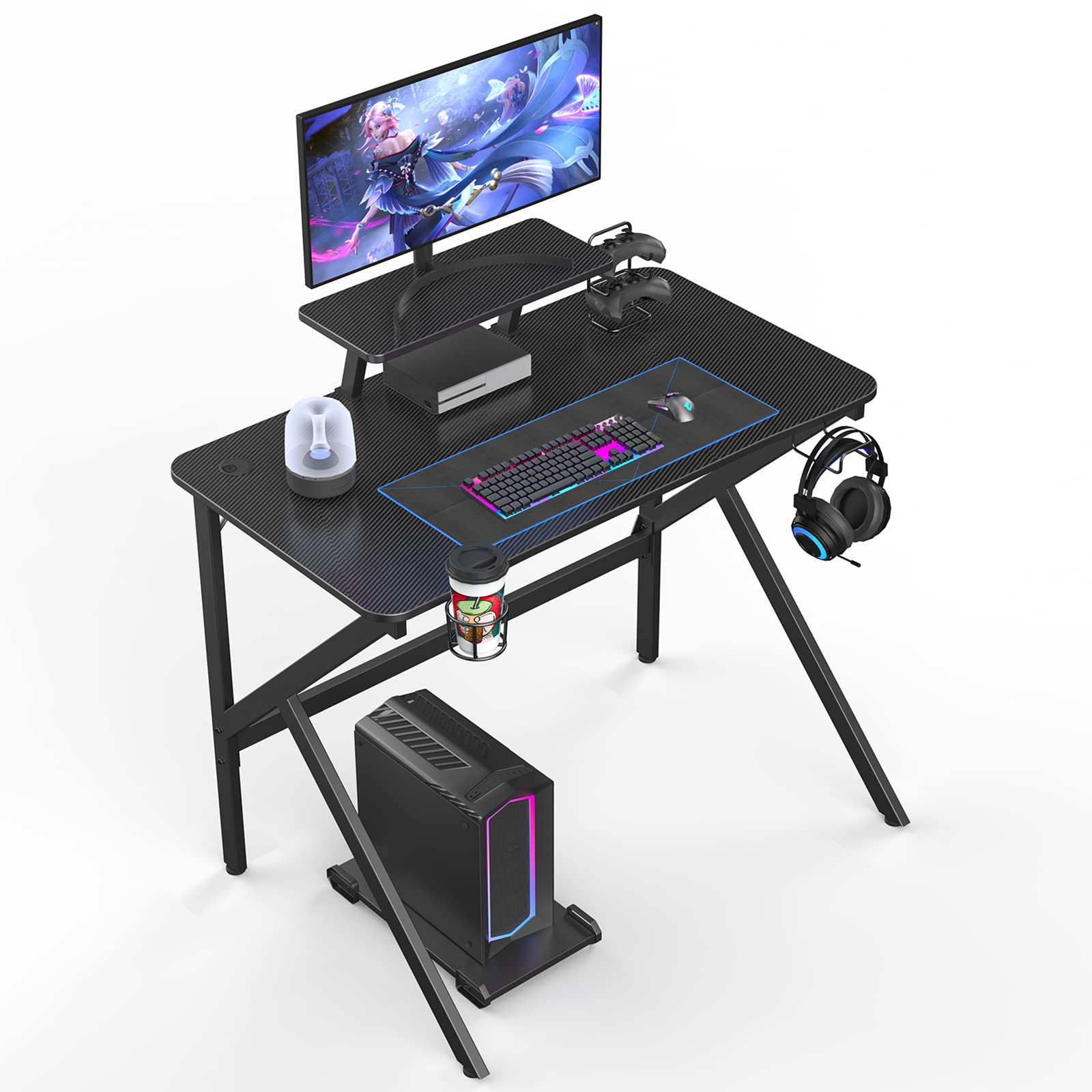 Mesa de juegos, Mesa para Ordenador, Escritorio para Videojuegos Ergonómicos, Juego con Portavasos, Gancho para Auriculares y Soporte de Altura Extraíble (100 x 55 x 75 cm, Negro)