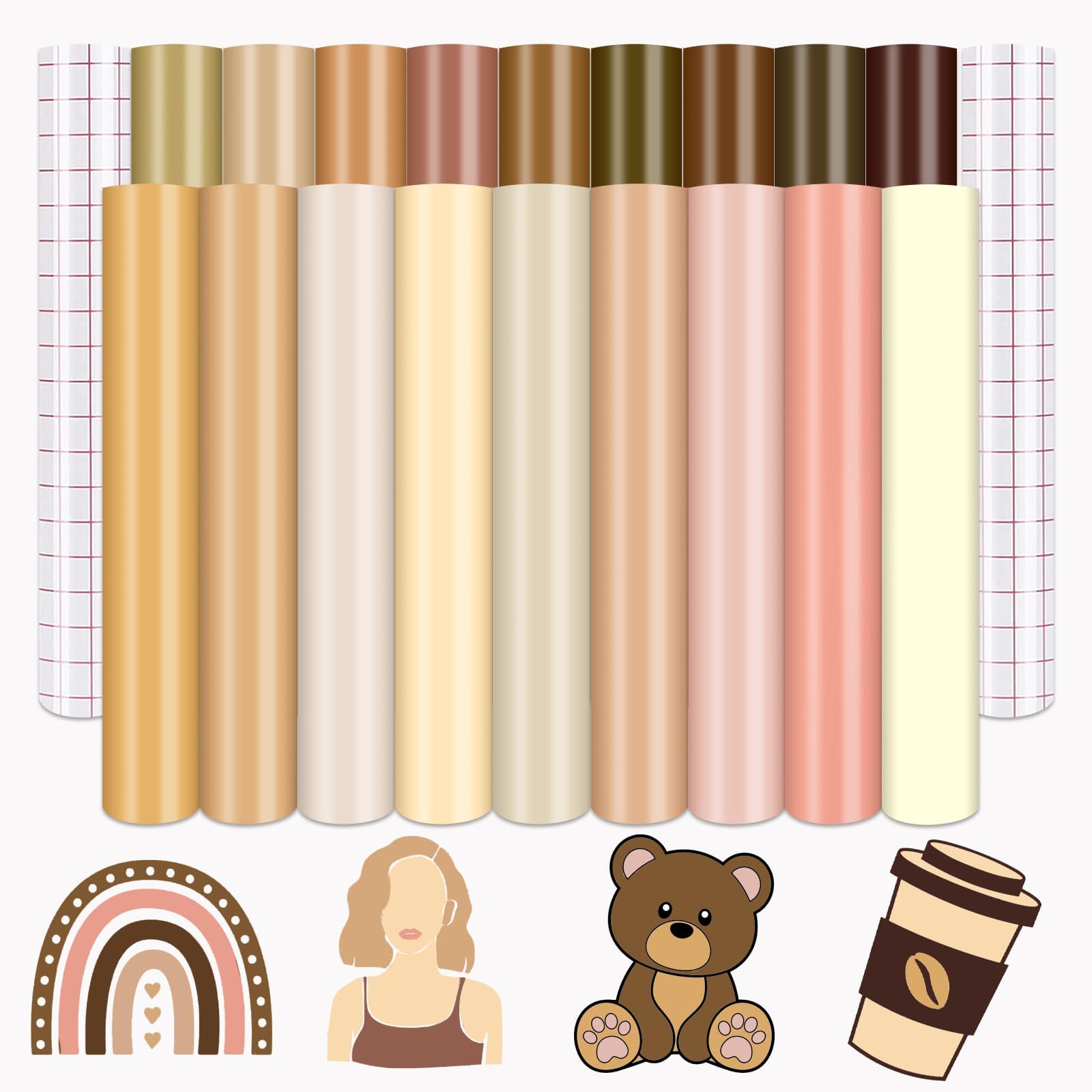 Skin Tone Permanent Vinyl - 18 Sheets 12"x10", Brown Tan Cream Camel Barely Beige Permanent Adhesive Vinyl for Cutting Machine,Home Decor Self Sticker