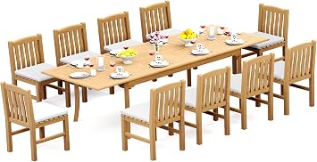 10 Seats 11 Pcs Grade-A Teak Wood Dining Set: 118 Double Extension Oval Table and 10 Devon Armless Chairs #11DV2600