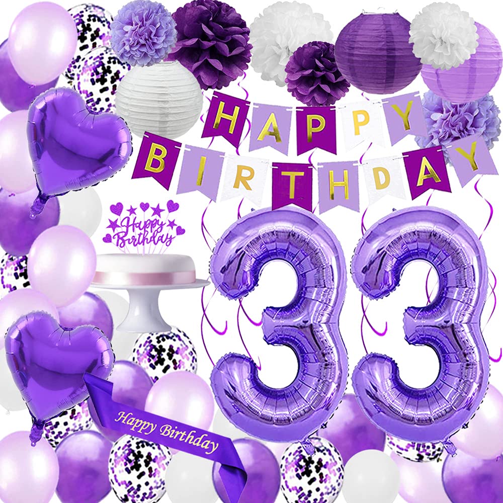 Santonila Purple 33rd Birthday Decorations Set: Happy Birthday Banner, Sash, Cake Topper, Balloons, Lanterns & More