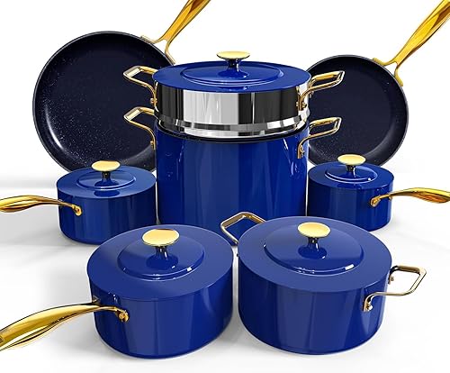 Nuwave Lux LE - Juego de utensilios de cocina de 13 piezas con elegante mango dorado, cerámica antiadherente con infusión de diamante, sin PFAS,