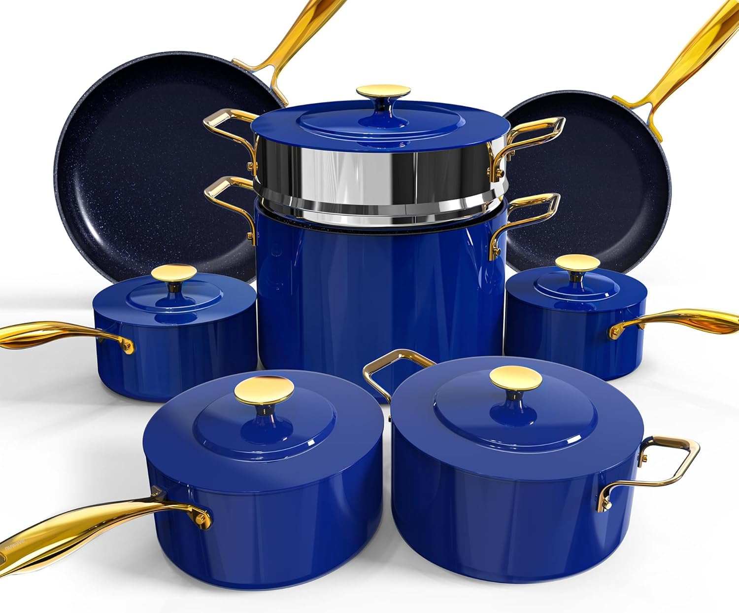 Nuwave Lux LE 13-Pc Cookware Set with Elegant Gold Handle, Diamond Infused Ceramic Non-Stick, PFAS Free, Premium Metal Lids, Ergonomic Stay-Cool Handles, Induction Ready & Compatible w/All Cooktops, Blueberry, Lux LE