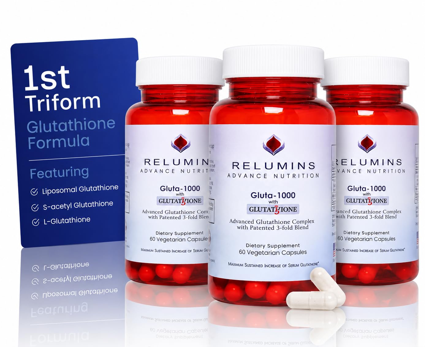 Relumins Advance Nutrition - 1000mg Reduced L-Glutathione Complex 2X More Effective Than Jarrow at Raising Serum Glutathione, Antioxidant - Alpha Lipoic Acid, Rosehips - 30 Veggie Caps