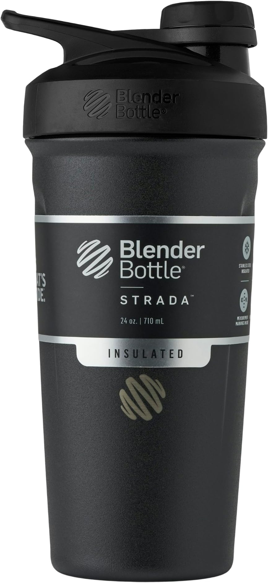 BlenderBottle Strada Twist Cap Shaker Cup Insulated Stainless Steel Water Bottle with Wire Whisk, 24-Ounce, Black